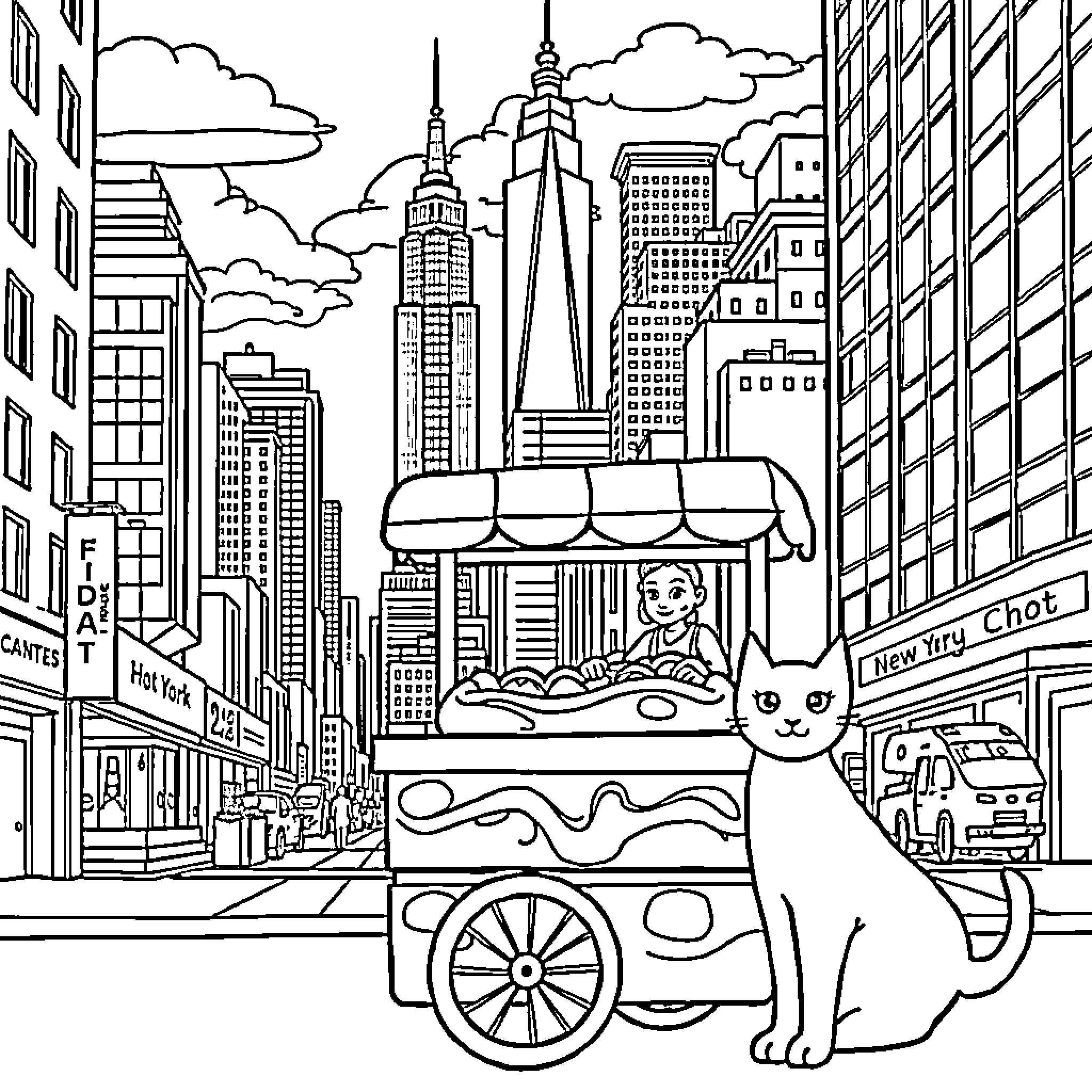 Cat selling hot dogs on city street Coloring Page (free black-and-white line drawing printable PDF for all, from beginners to advanced learners, including children, teens, adults, and seniors)