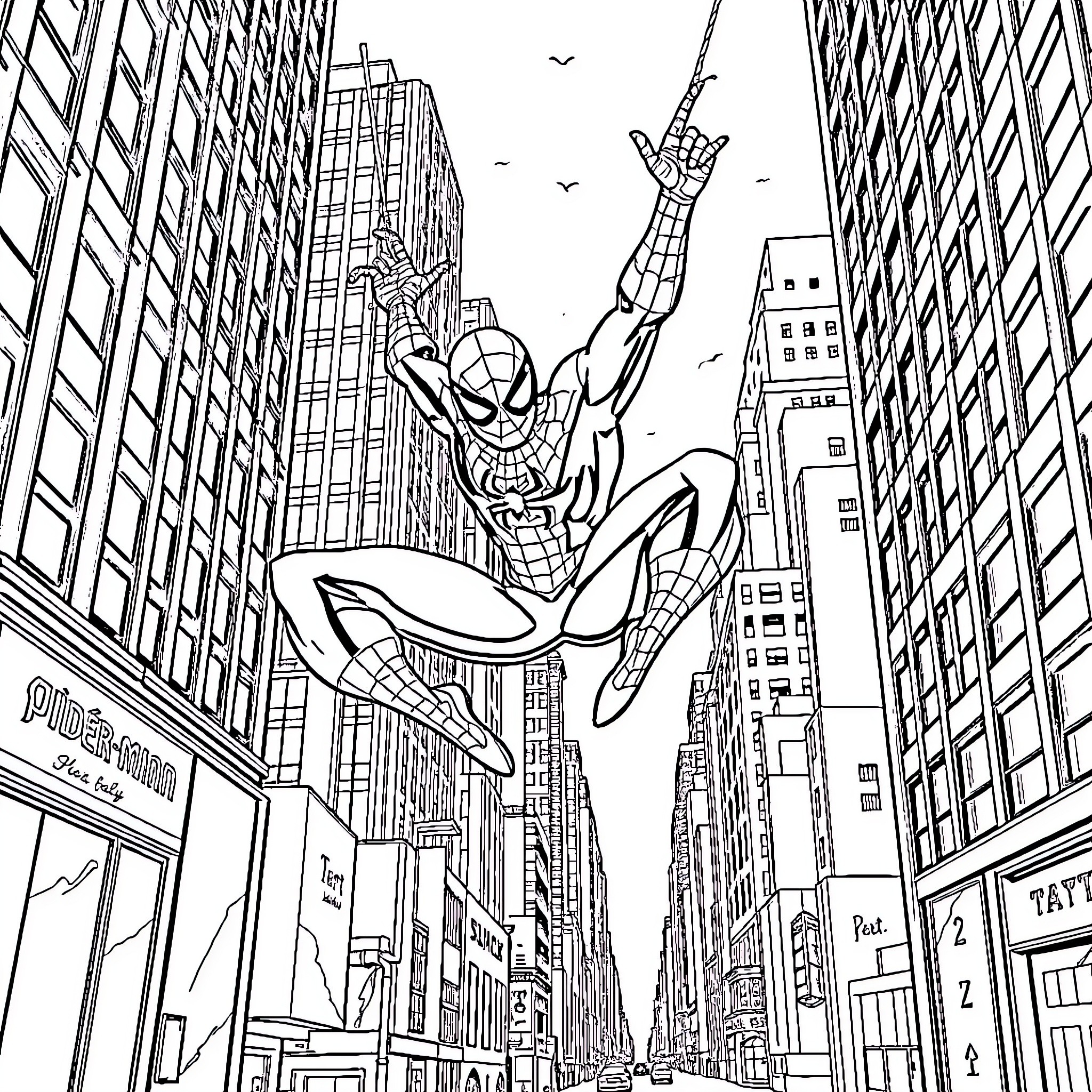 Spiderman swinging through the city skyline Coloring Page (free black-and-white line drawing printable PDF for all, from beginners to advanced learners, including children, teens, adults, and seniors)