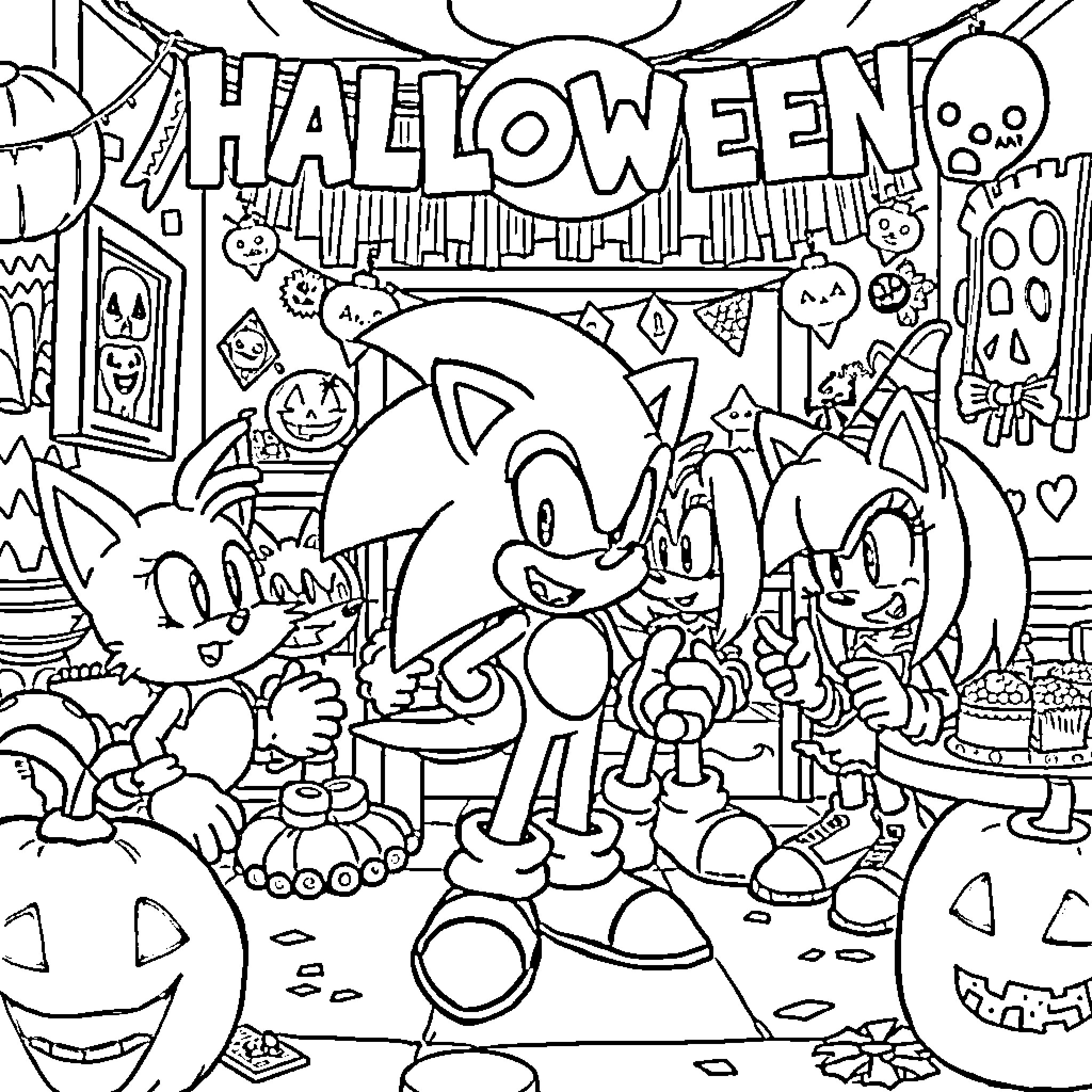 Sonic's Halloween Party with Friends Coloring Page (free black-and-white line drawing printable PDF for all, from beginners to advanced learners, including children, teens, adults, and seniors)