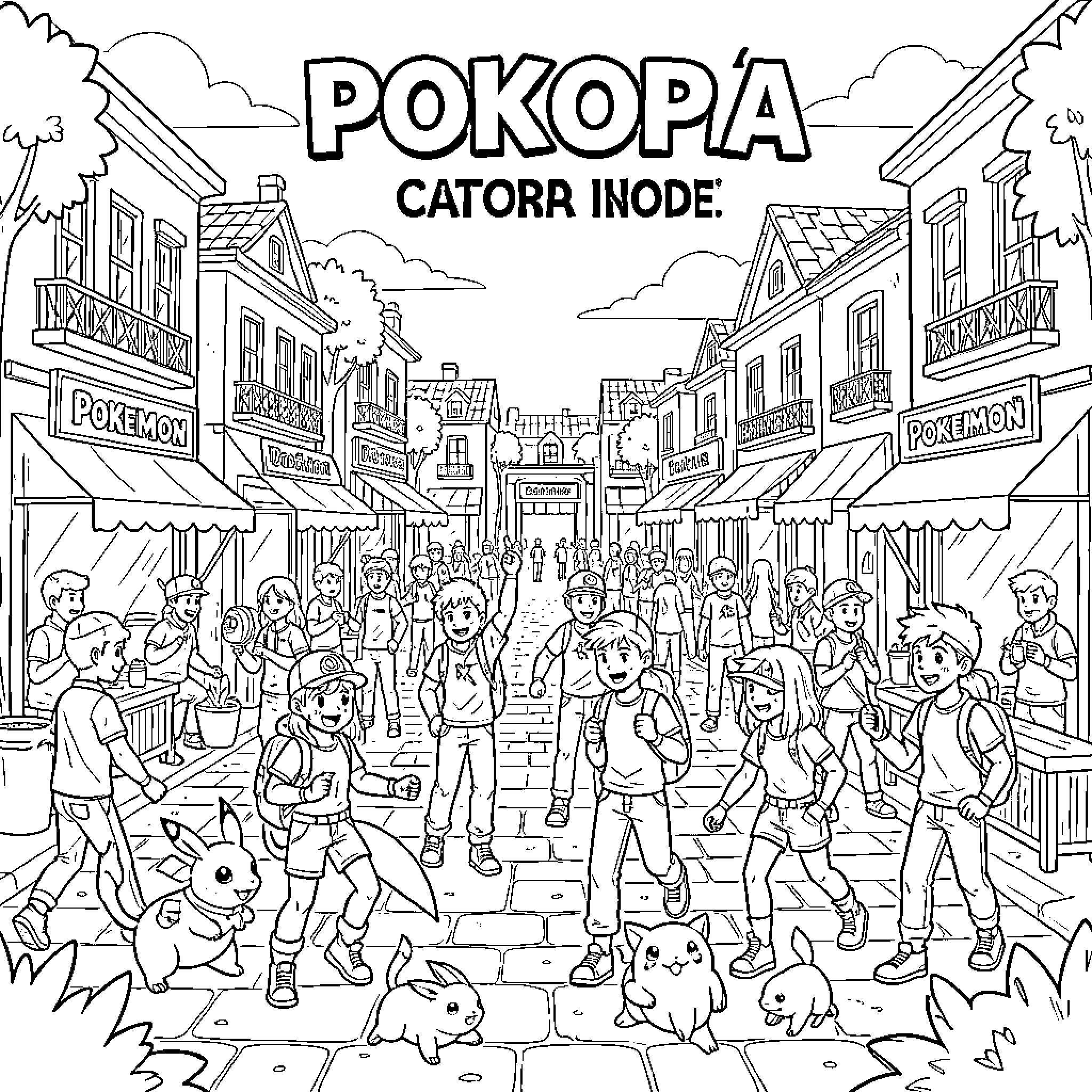 Pokémon characters walking and playing in a bustling town street Coloring Page (free black-and-white line drawing printable PDF for all, from beginners to advanced learners, including children, teens, adults, and seniors)