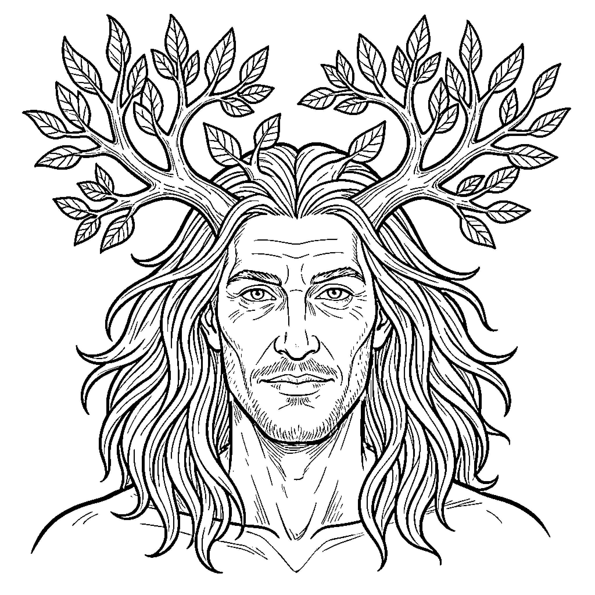 Green Man with Leafy Headdress and Intricate Features Coloring Page (free black-and-white line drawing printable PDF for all, from beginners to advanced learners, including children, teens, adults, and seniors)