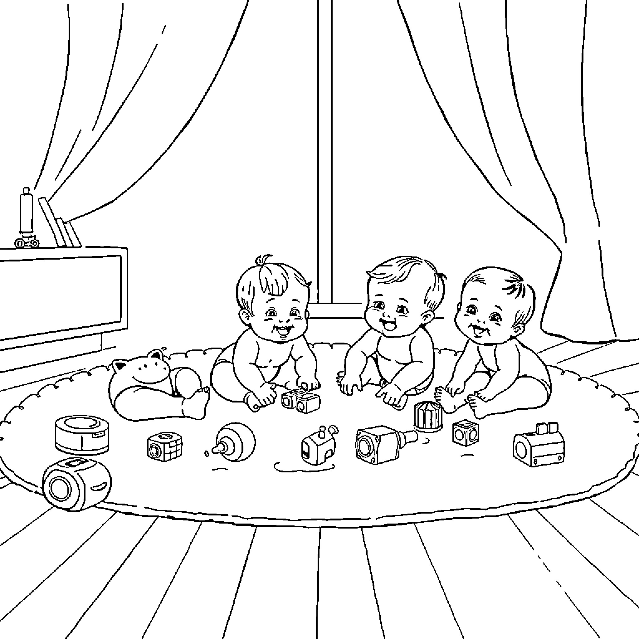Baby friends playing joyfully with toys Coloring Page (free black-and-white line drawing printable PDF for all, from beginners to advanced learners, including children, teens, adults, and seniors)