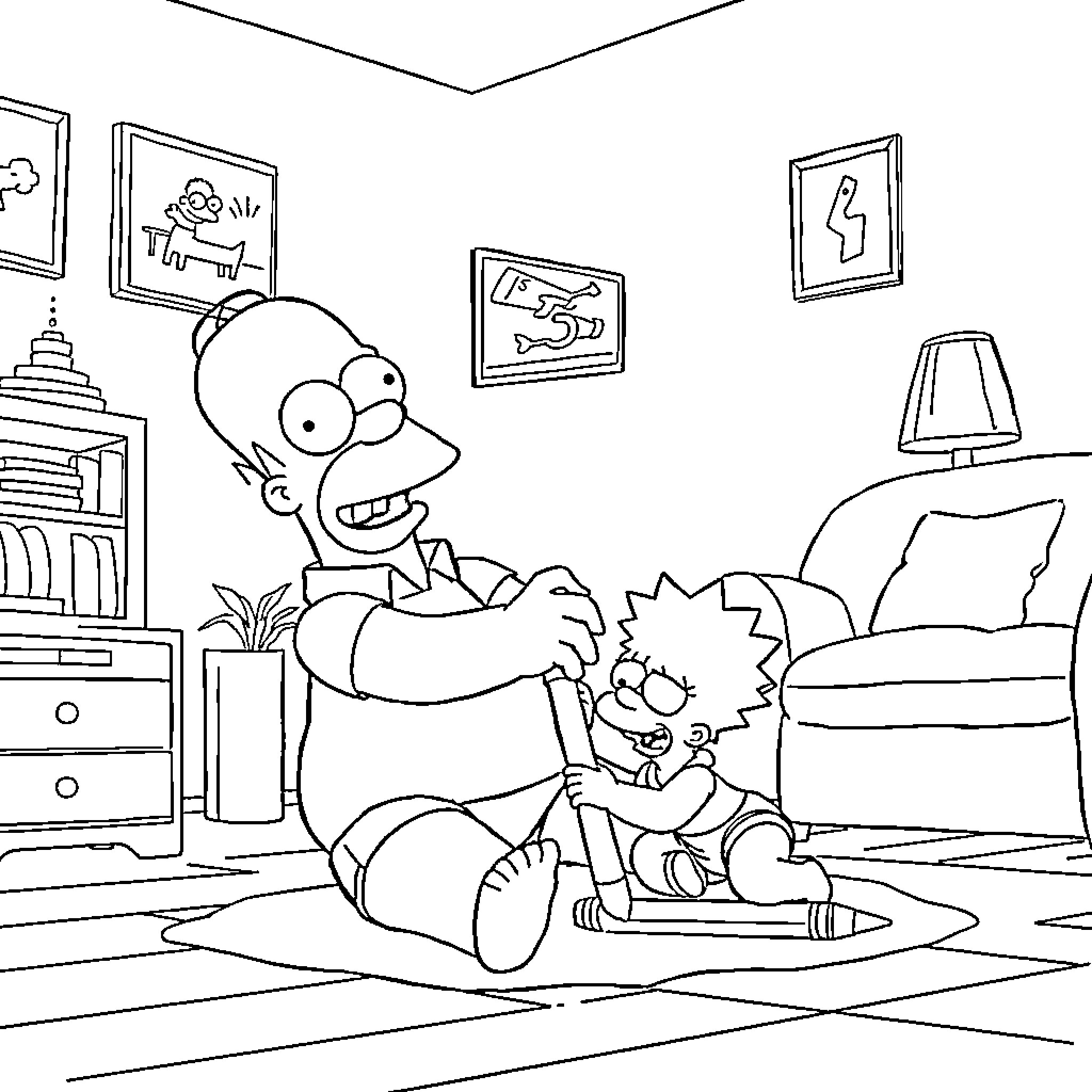 Homer Simpson playing with Bart Simpson at home Coloring Page (free black-and-white line drawing printable PDF for all, from beginners to advanced learners, including children, teens, adults, and seniors)