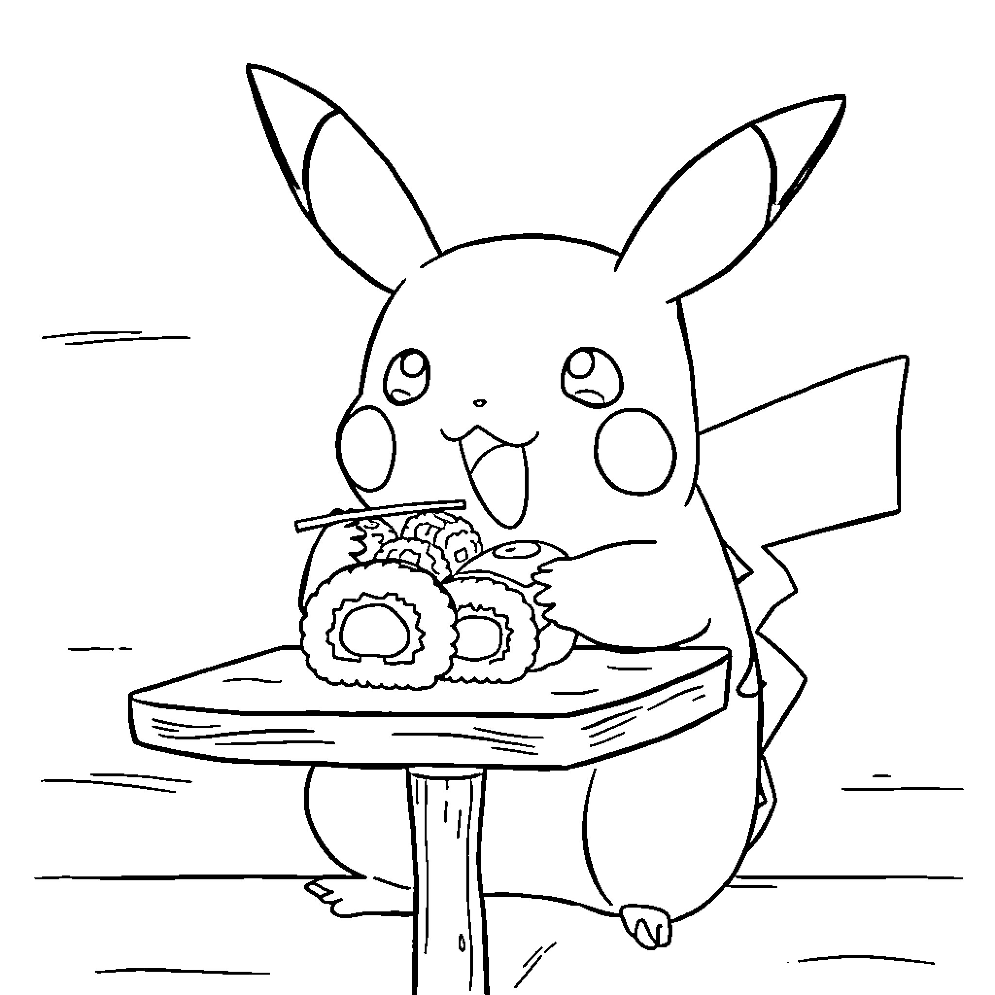 Pikachu enjoying sushi platter Coloring Page (free black-and-white line drawing printable PDF for all, from beginners to advanced learners, including children, teens, adults, and seniors)