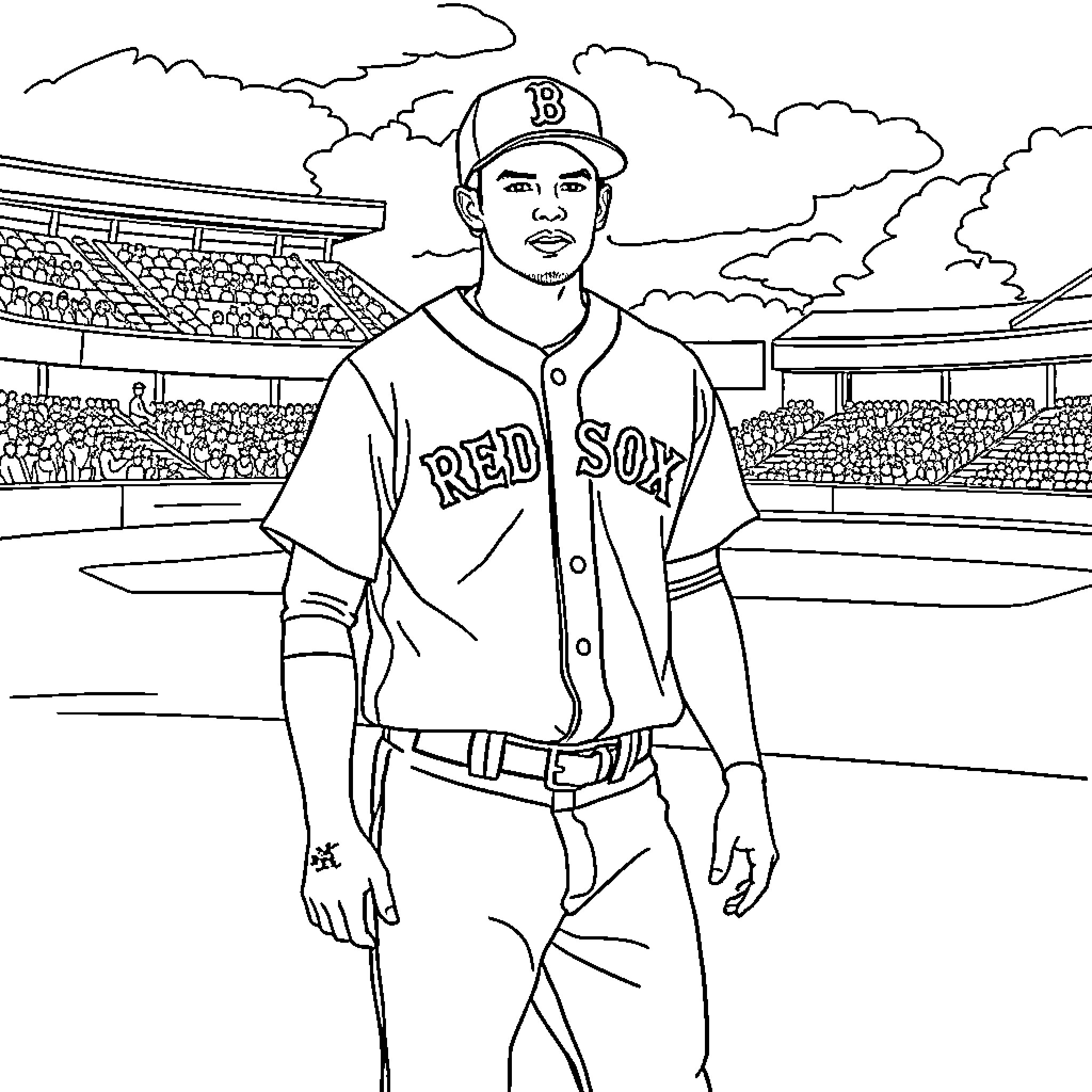 Jarren Duran playing baseball in the stadium Coloring Page (free black-and-white line drawing printable PDF for all, from beginners to advanced learners, including children, teens, adults, and seniors)