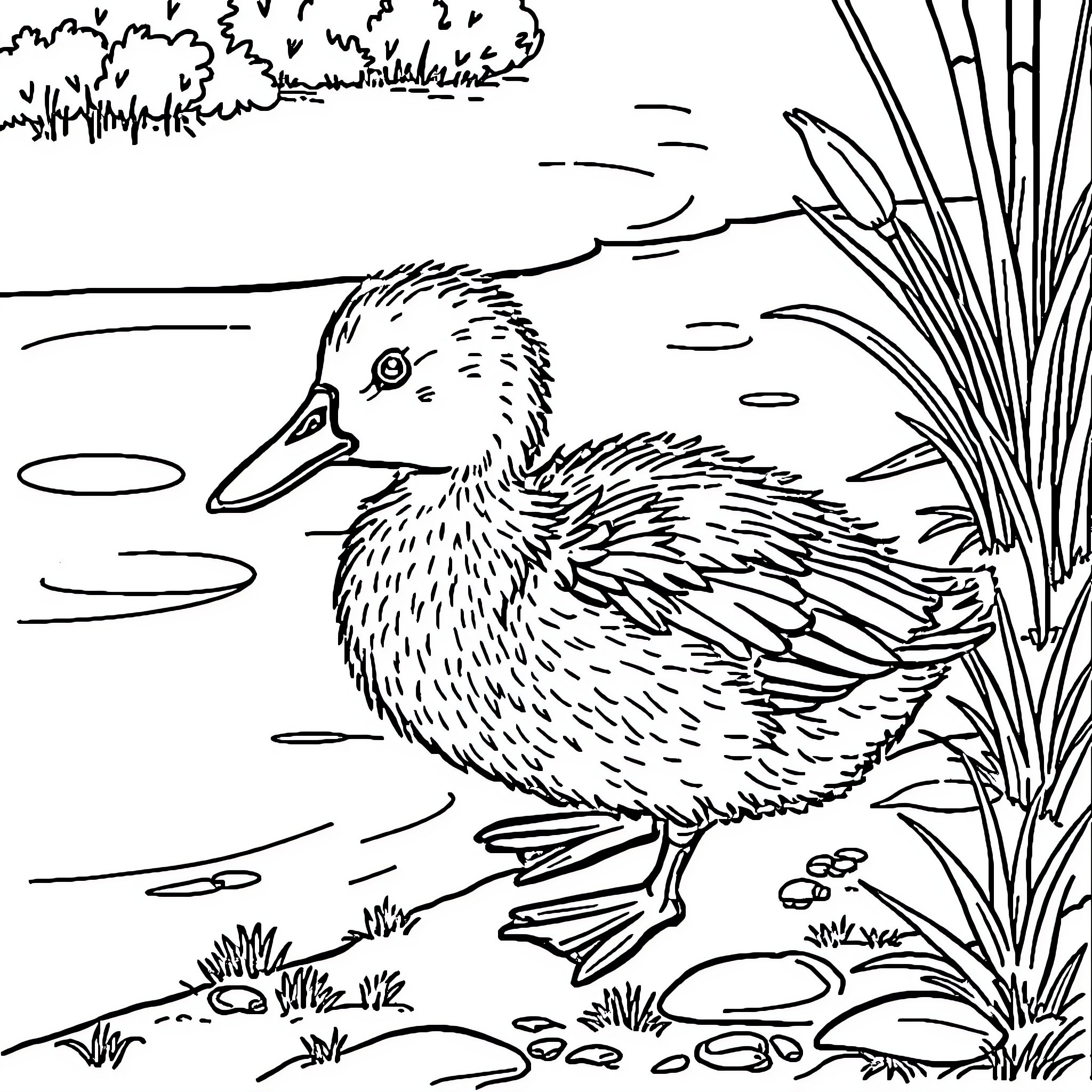 Duck swimming in the pond Coloring Page (free black-and-white line drawing printable PDF for all, from beginners to advanced learners, including children, teens, adults, and seniors)
