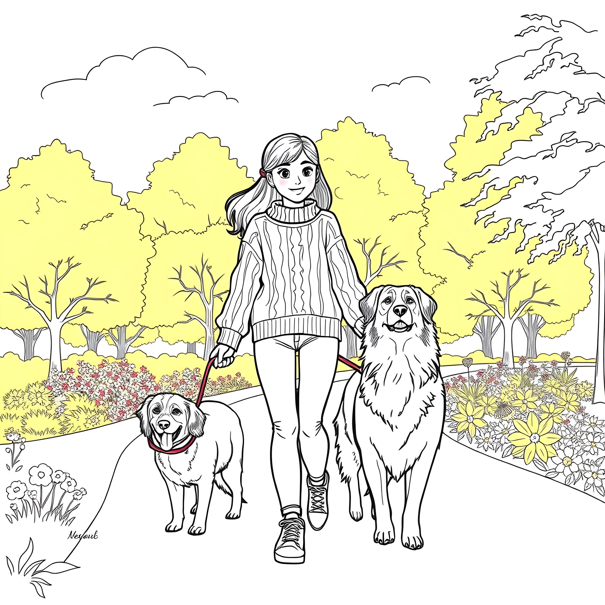 Girl walking dogs in the autumn park Coloring Page (free black-and-white line drawing printable PDF for all, from beginners to advanced learners, including children, teens, adults, and seniors)