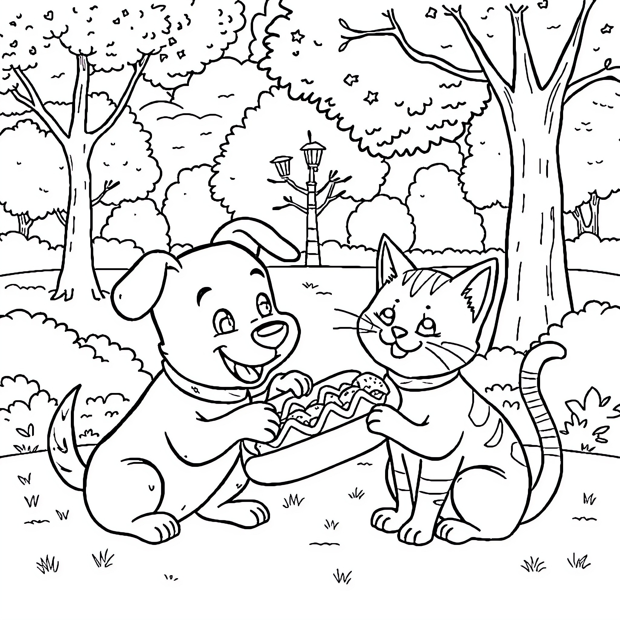 Dog and Cat Enjoying Nature Together Coloring Page (free black-and-white line drawing printable PDF for all, from beginners to advanced learners, including children, teens, adults, and seniors)