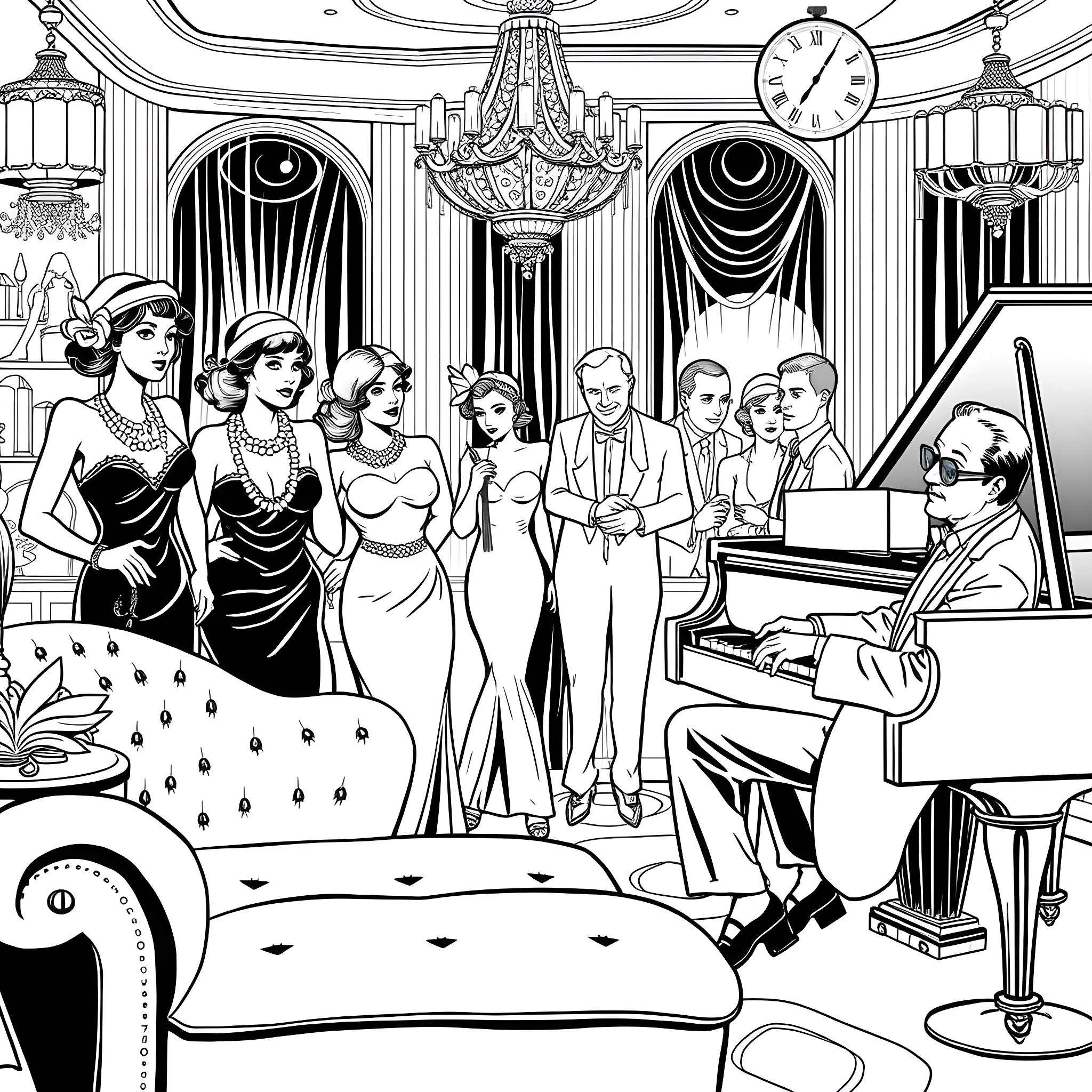 Jazz Party in Glamorous Vintage Setting Coloring Page (free black-and-white line drawing printable PDF for all, from beginners to advanced learners, including children, teens, adults, and seniors)