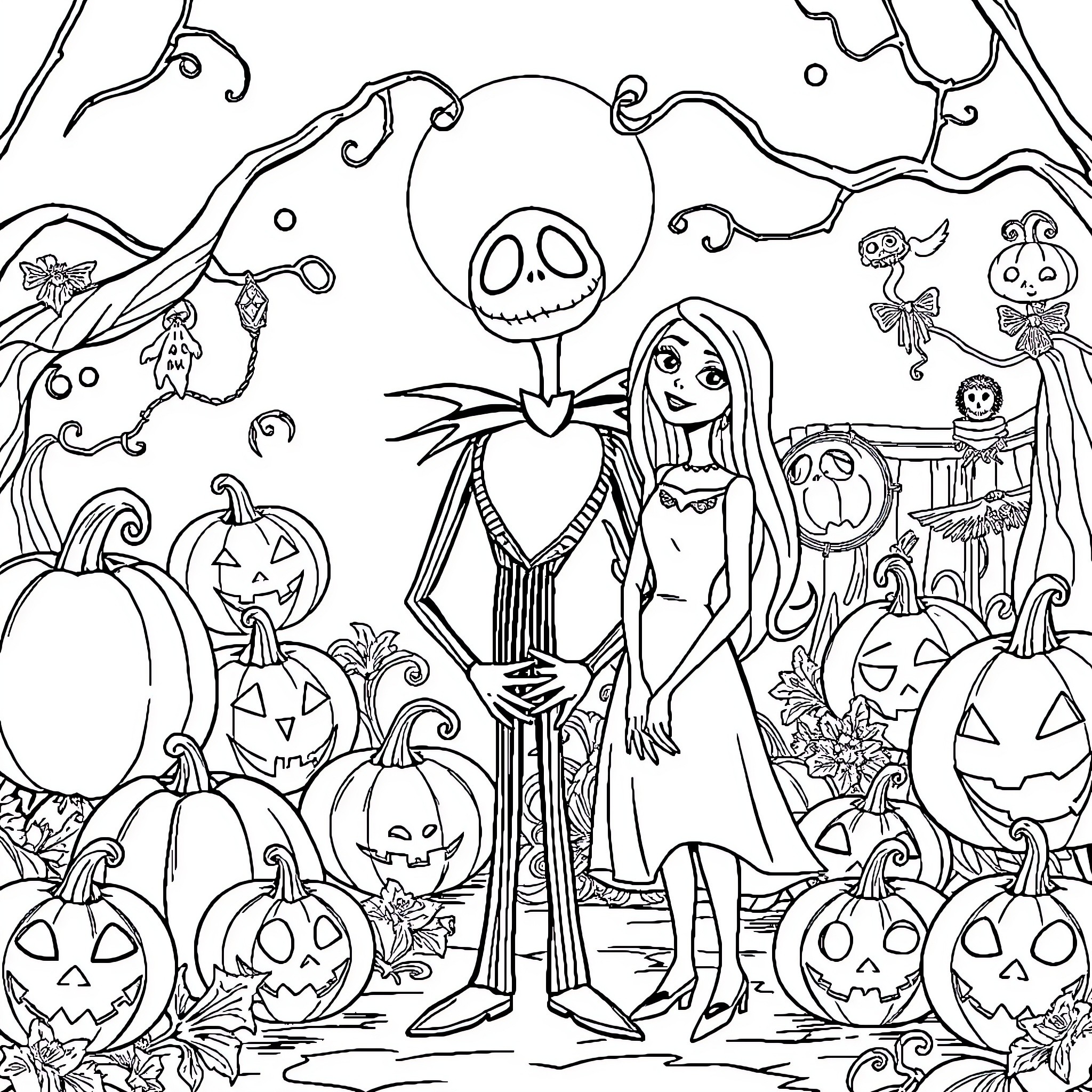 Jack Skeleton and Sally in a Spooky Halloween Scene Coloring Page (free black-and-white line drawing printable PDF for all, from beginners to advanced learners, including children, teens, adults, and seniors)