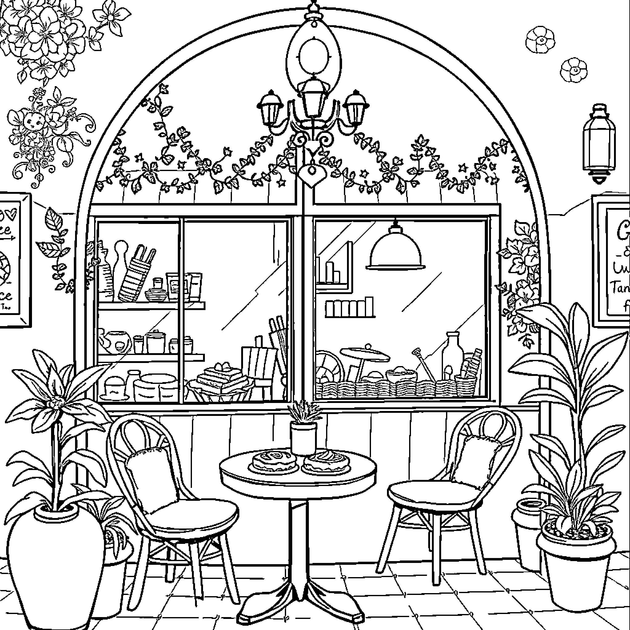 Gelinis cozy cafe scene with indoor decor Coloring Page (free black-and-white line drawing printable PDF for all, from beginners to advanced learners, including children, teens, adults, and seniors)