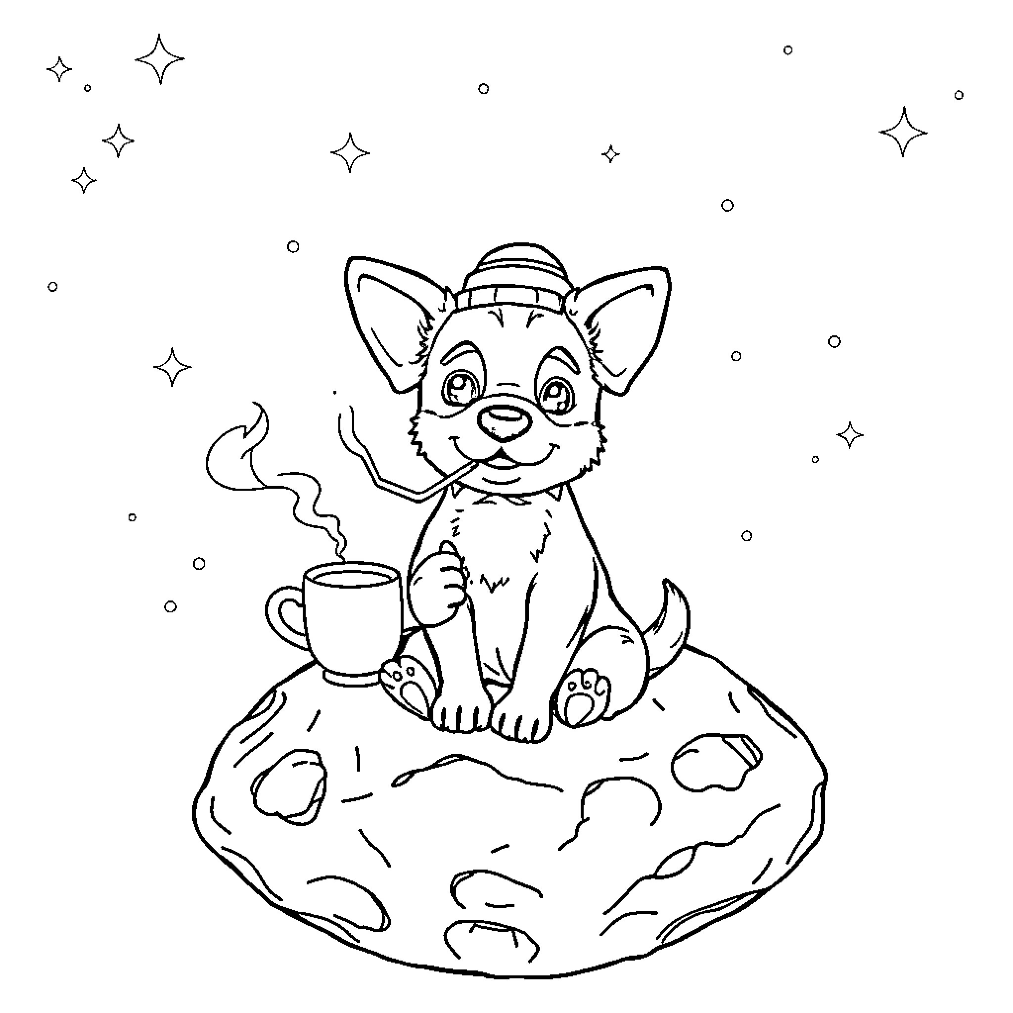 Dog enjoying a warm cup of coffee in a starry night Coloring Page (free black-and-white line drawing printable PDF for all, from beginners to advanced learners, including children, teens, adults, and seniors)