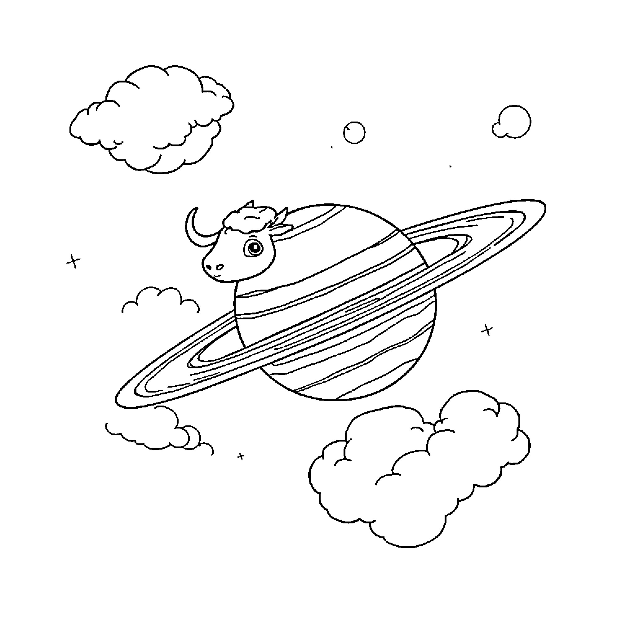 Vaca flying in the cosmos on a spaceship Coloring Page (free black-and-white line drawing printable PDF for all, from beginners to advanced learners, including children, teens, adults, and seniors)