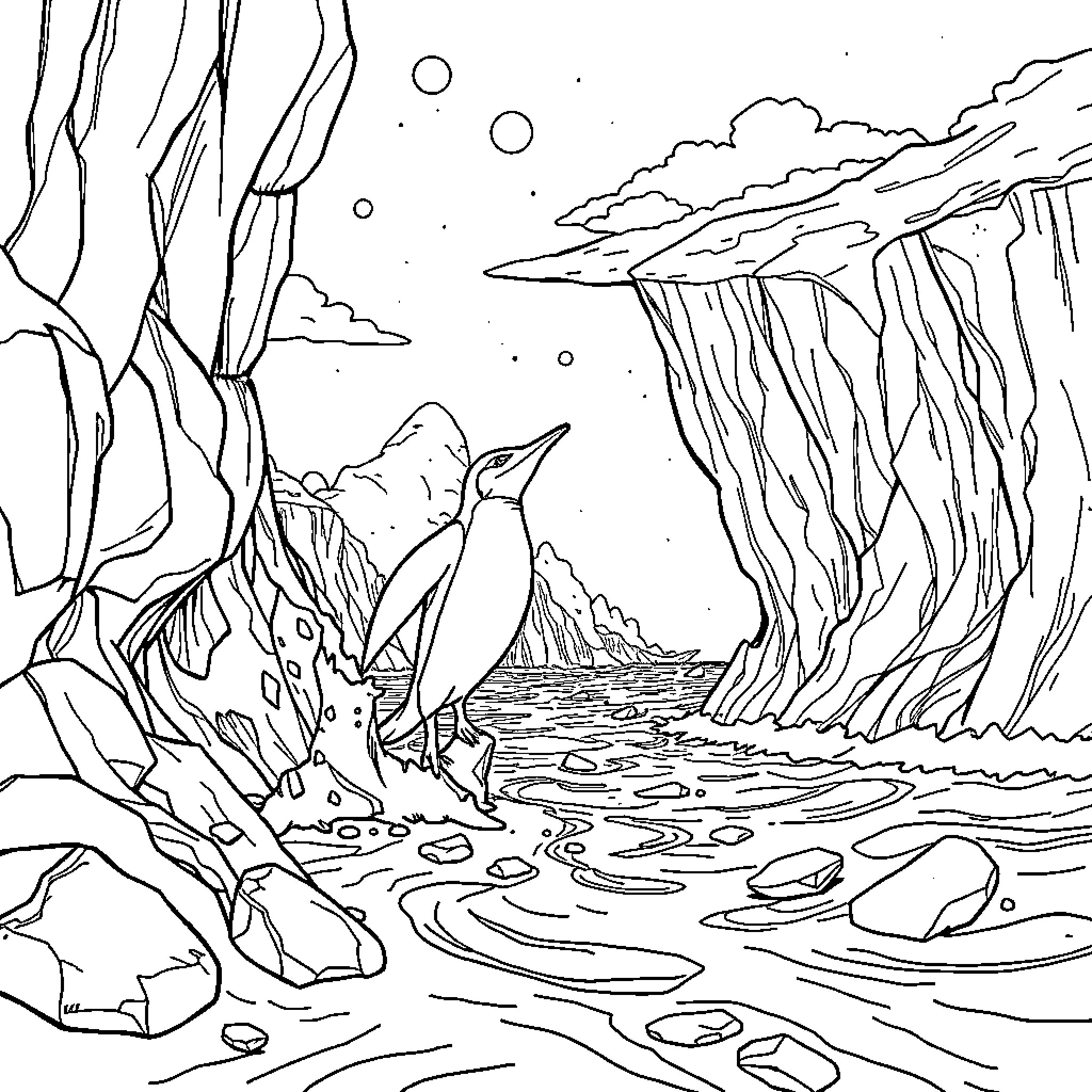 Moses Resting by the Mountainous Waterfall Coloring Page (free black-and-white line drawing printable PDF for all, from beginners to advanced learners, including children, teens, adults, and seniors)
