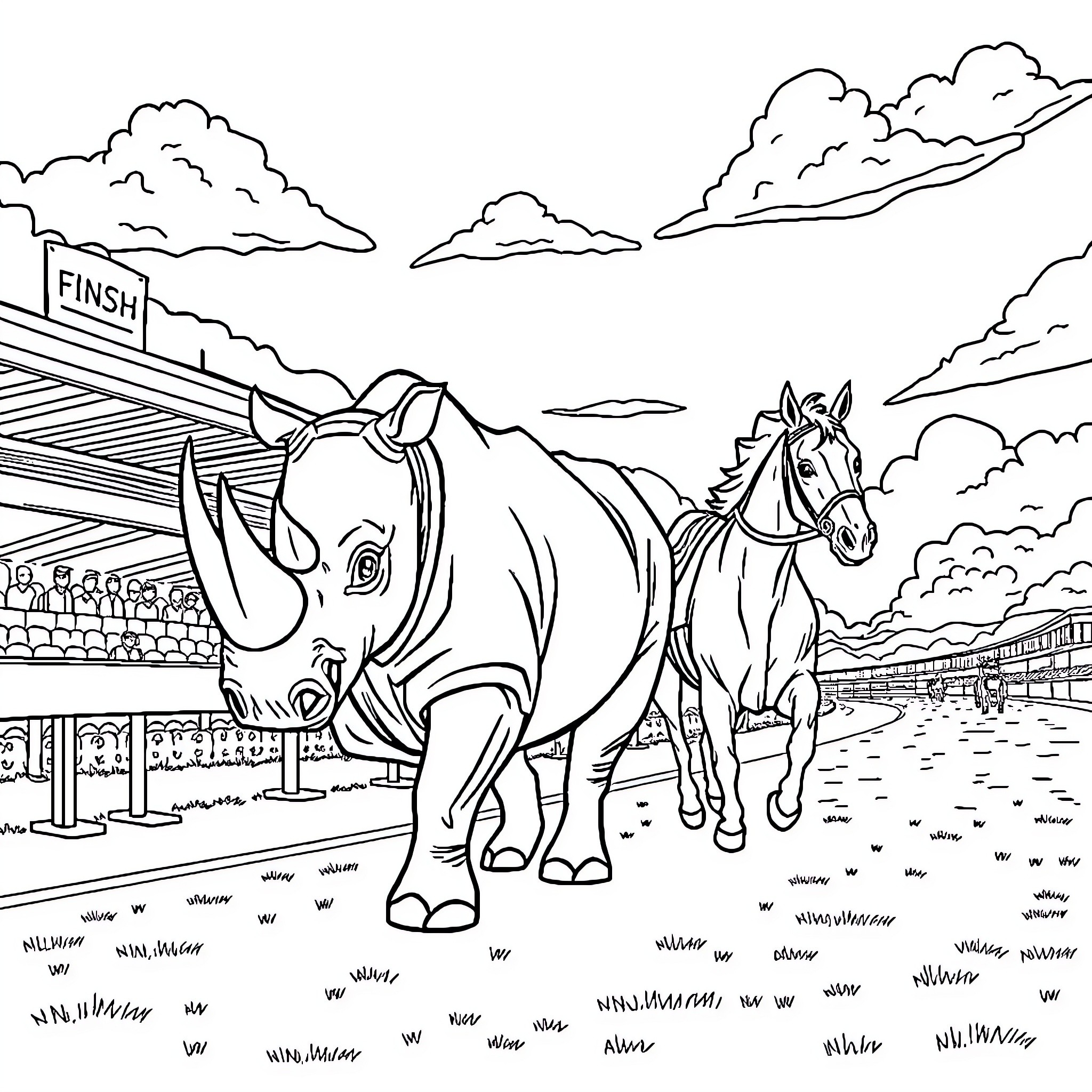 Rhinoceros and horses in a racing event Coloring Page (free black-and-white line drawing printable PDF for all, from beginners to advanced learners, including children, teens, adults, and seniors)