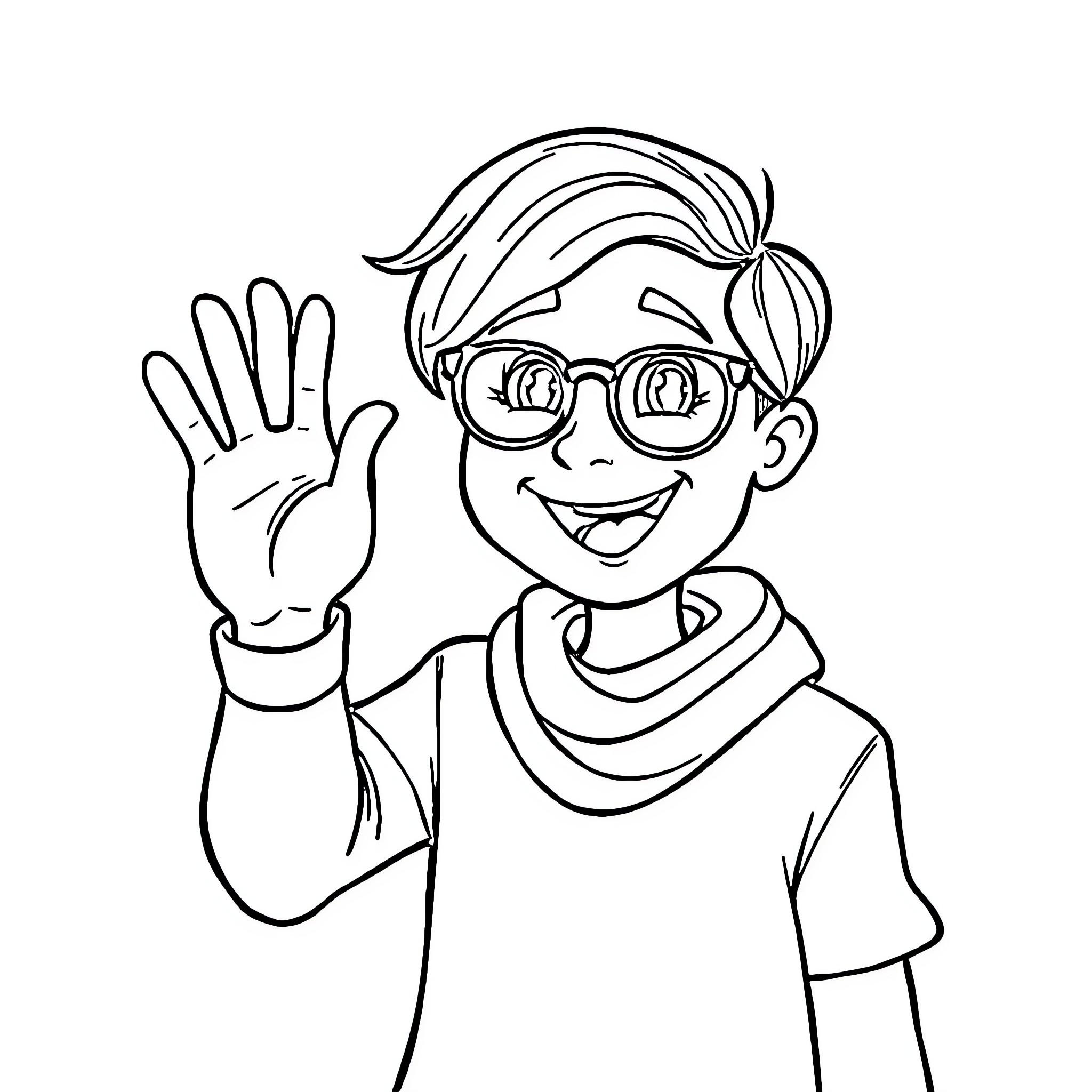 Hello Happy Boy Waving in Glasses Coloring Page (free black-and-white line drawing printable PDF for all, from beginners to advanced learners, including children, teens, adults, and seniors)