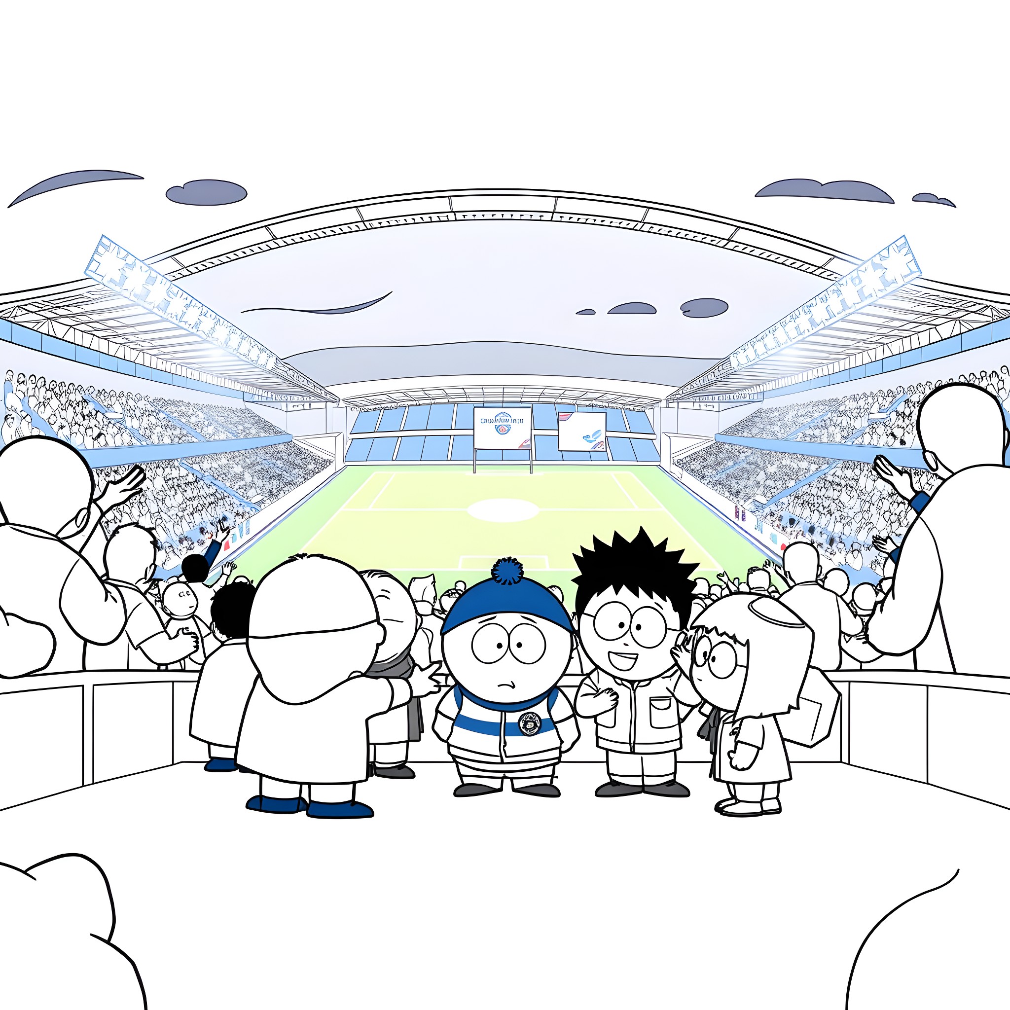 South Park Kids Enjoying a Sports Event Coloring Page (free black-and-white line drawing printable PDF for all, from beginners to advanced learners, including children, teens, adults, and seniors)
