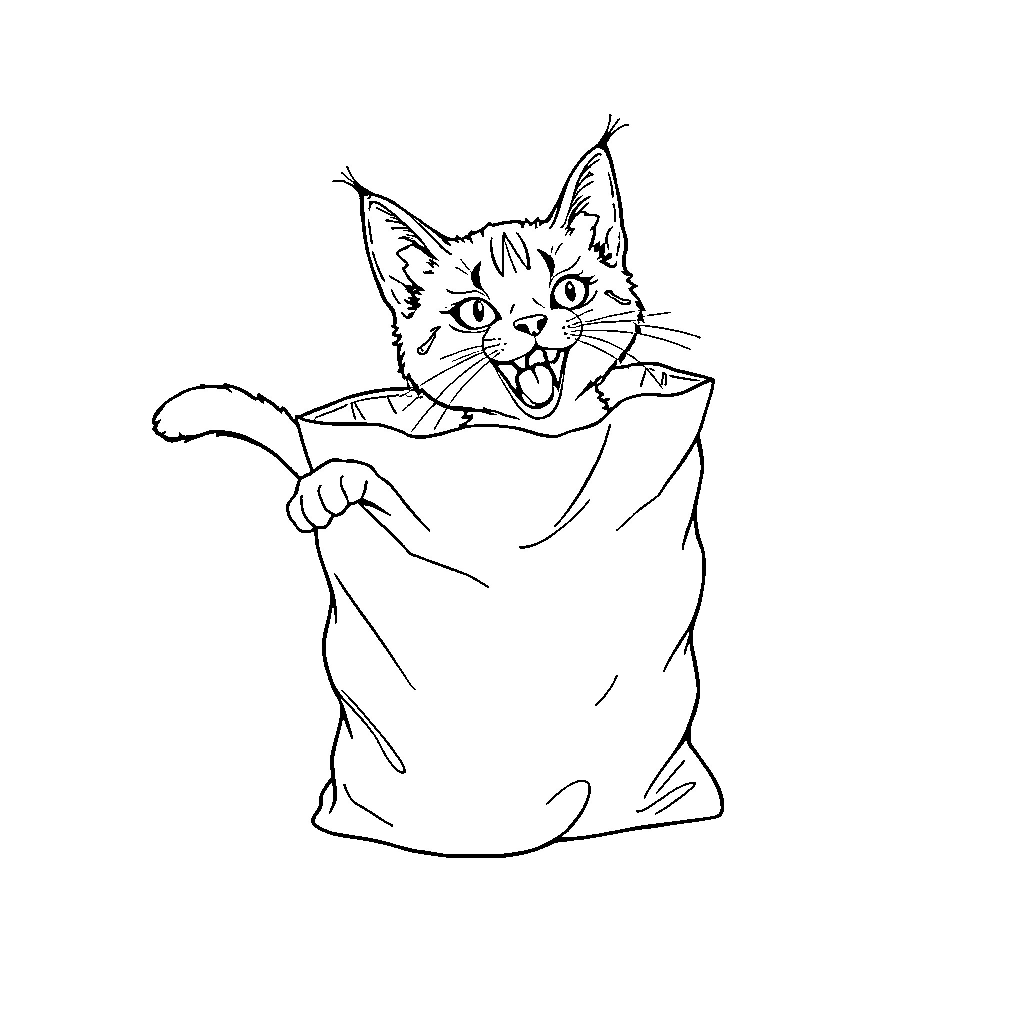 Lynx peeking out of a bag with an excited expression Coloring Page (free black-and-white line drawing printable PDF for all, from beginners to advanced learners, including children, teens, adults, and seniors)