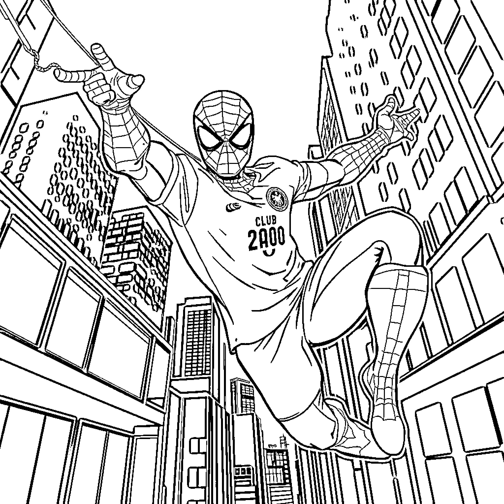 Spiderman swinging through the city streets Coloring Page (free black-and-white line drawing printable PDF for all, from beginners to advanced learners, including children, teens, adults, and seniors)