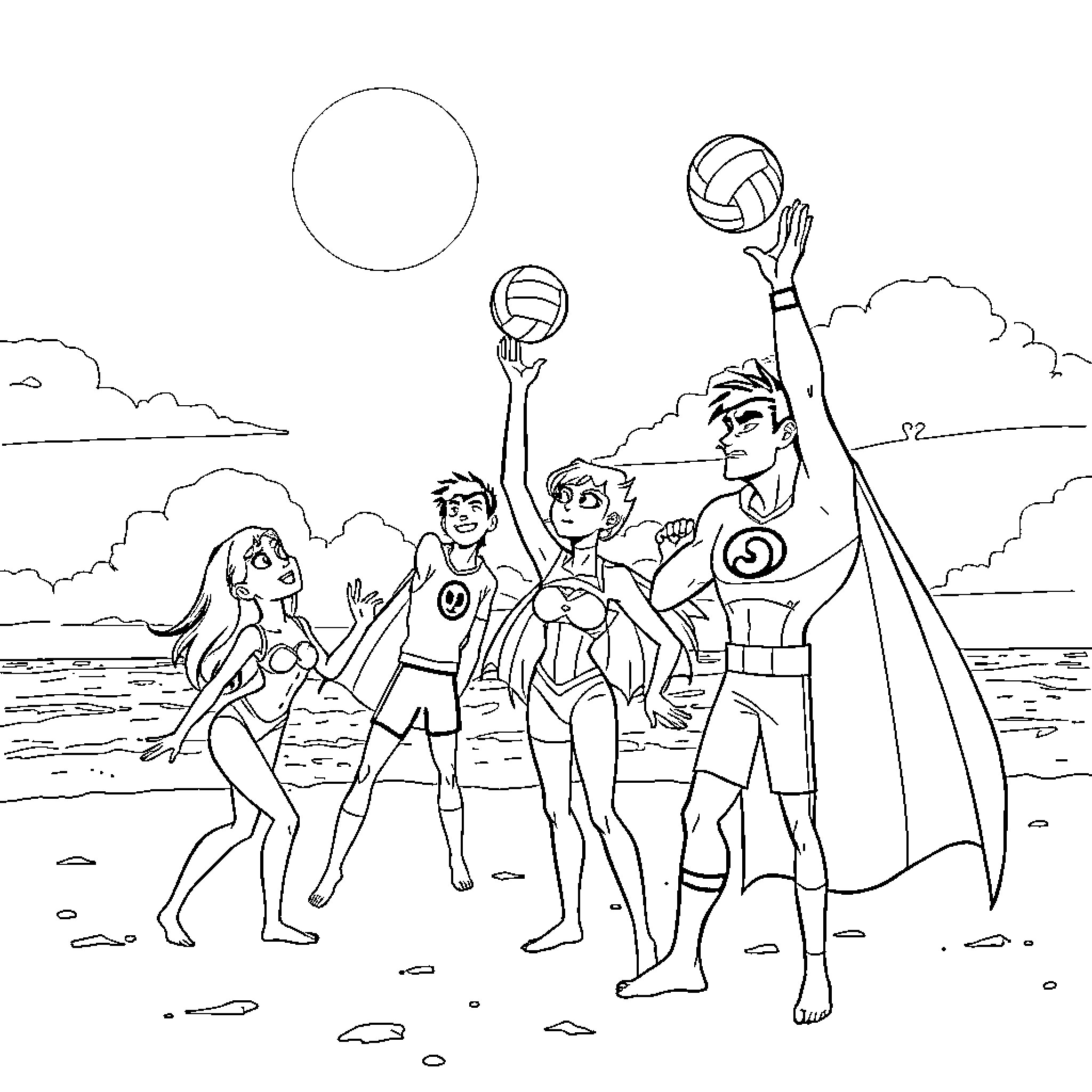 Teen Titans enjoying beach volleyball together Coloring Page (free black-and-white line drawing printable PDF for all, from beginners to advanced learners, including children, teens, adults, and seniors)