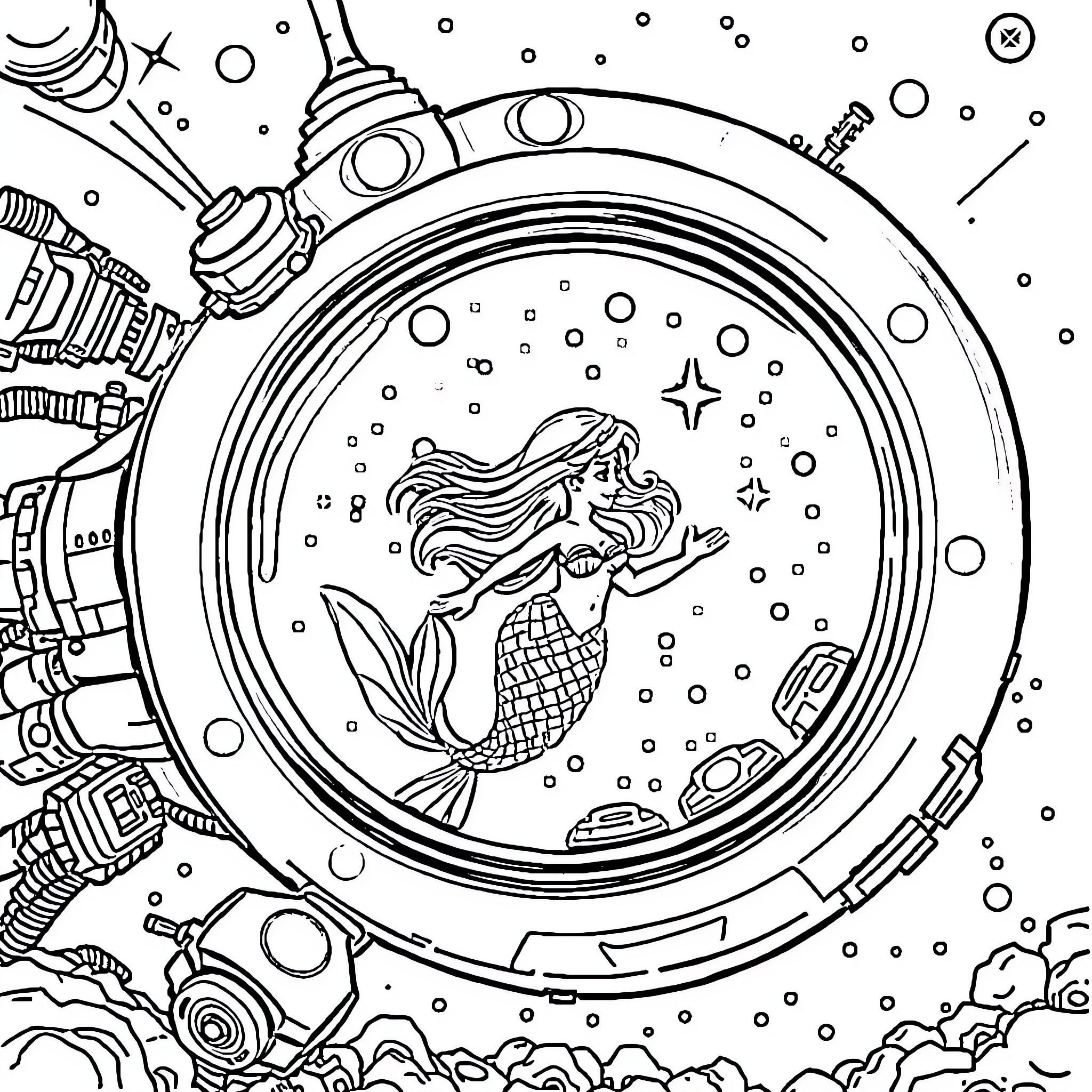 Mermaid floating in a cosmic underwater portal Coloring Page (free black-and-white line drawing printable PDF for all, from beginners to advanced learners, including children, teens, adults, and seniors)
