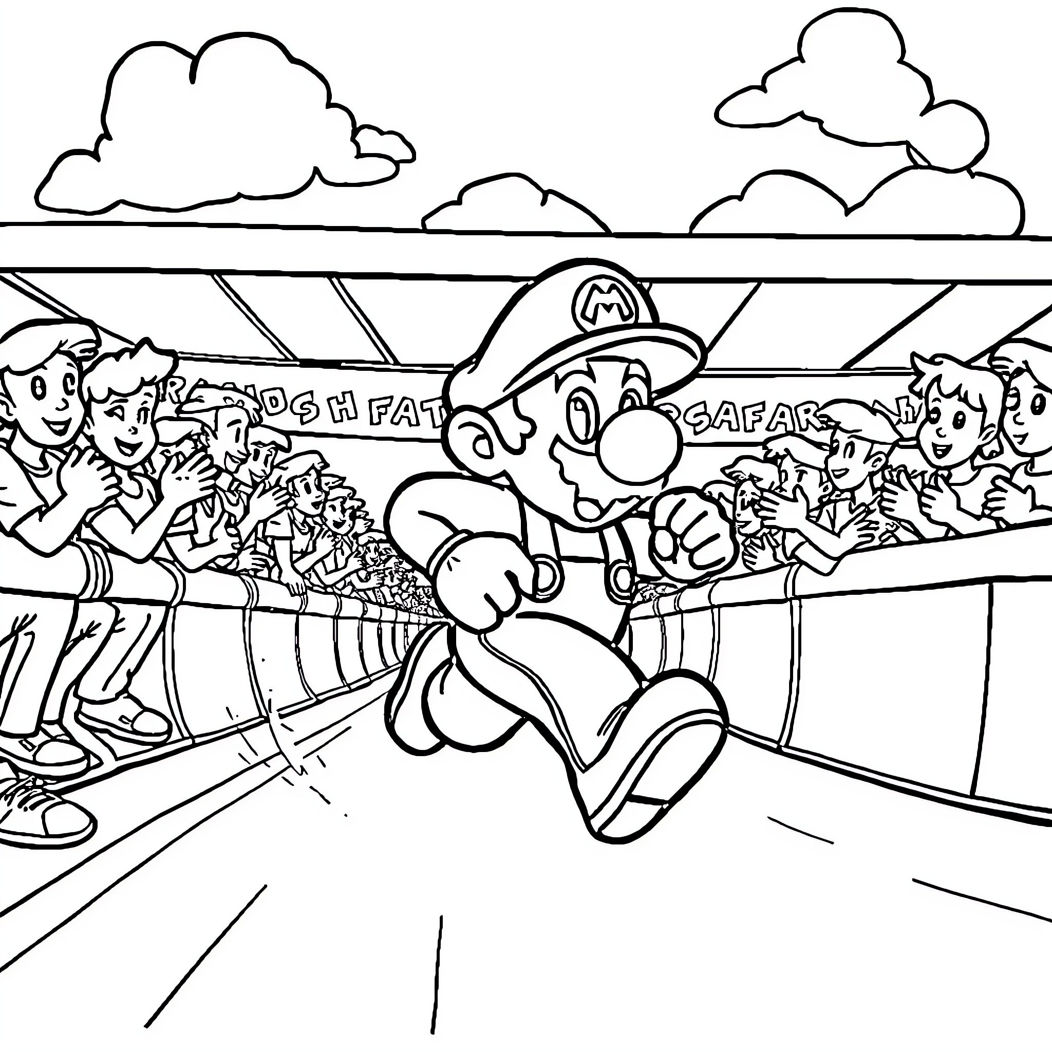Mario Jumping Excitedly at Sports Stadium Coloring Page (free black-and-white line drawing printable PDF for all, from beginners to advanced learners, including children, teens, adults, and seniors)