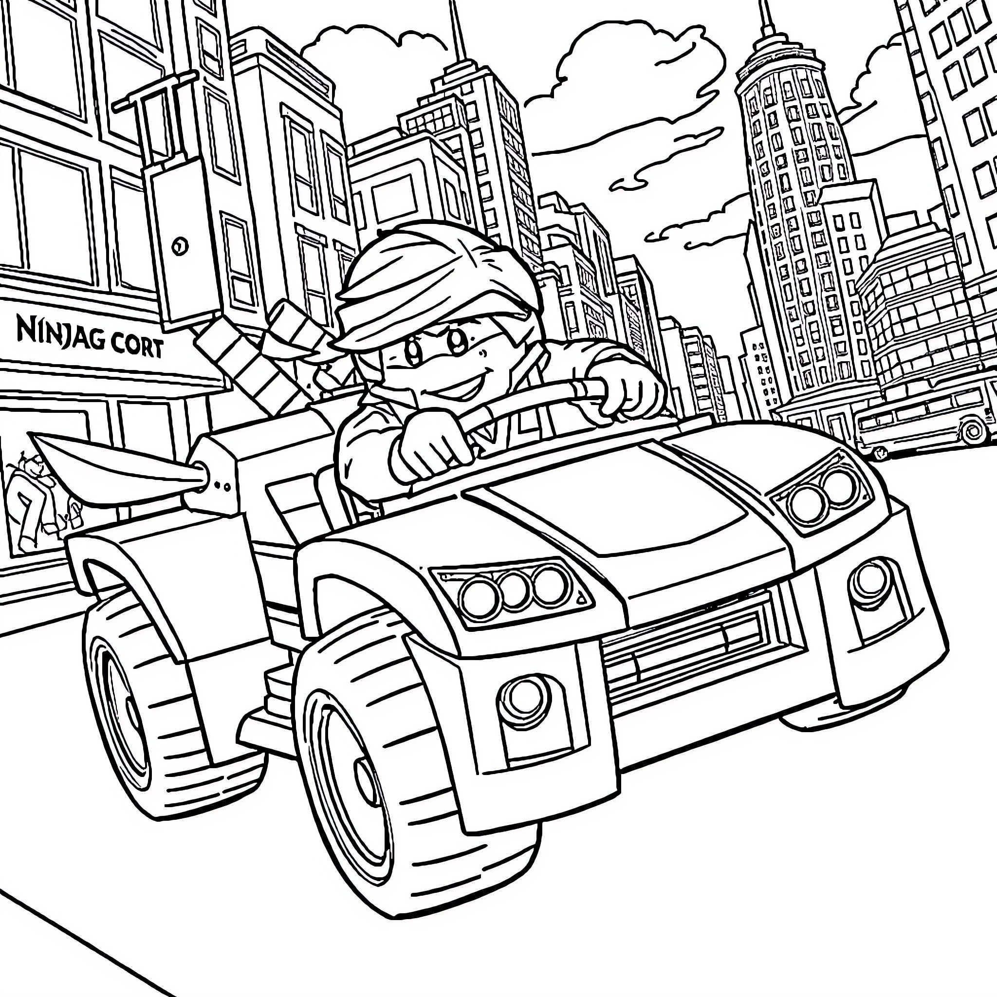 Jay's Ninja Car Adventure in the City Coloring Page (free black-and-white line drawing printable PDF for all, from beginners to advanced learners, including children, teens, adults, and seniors)