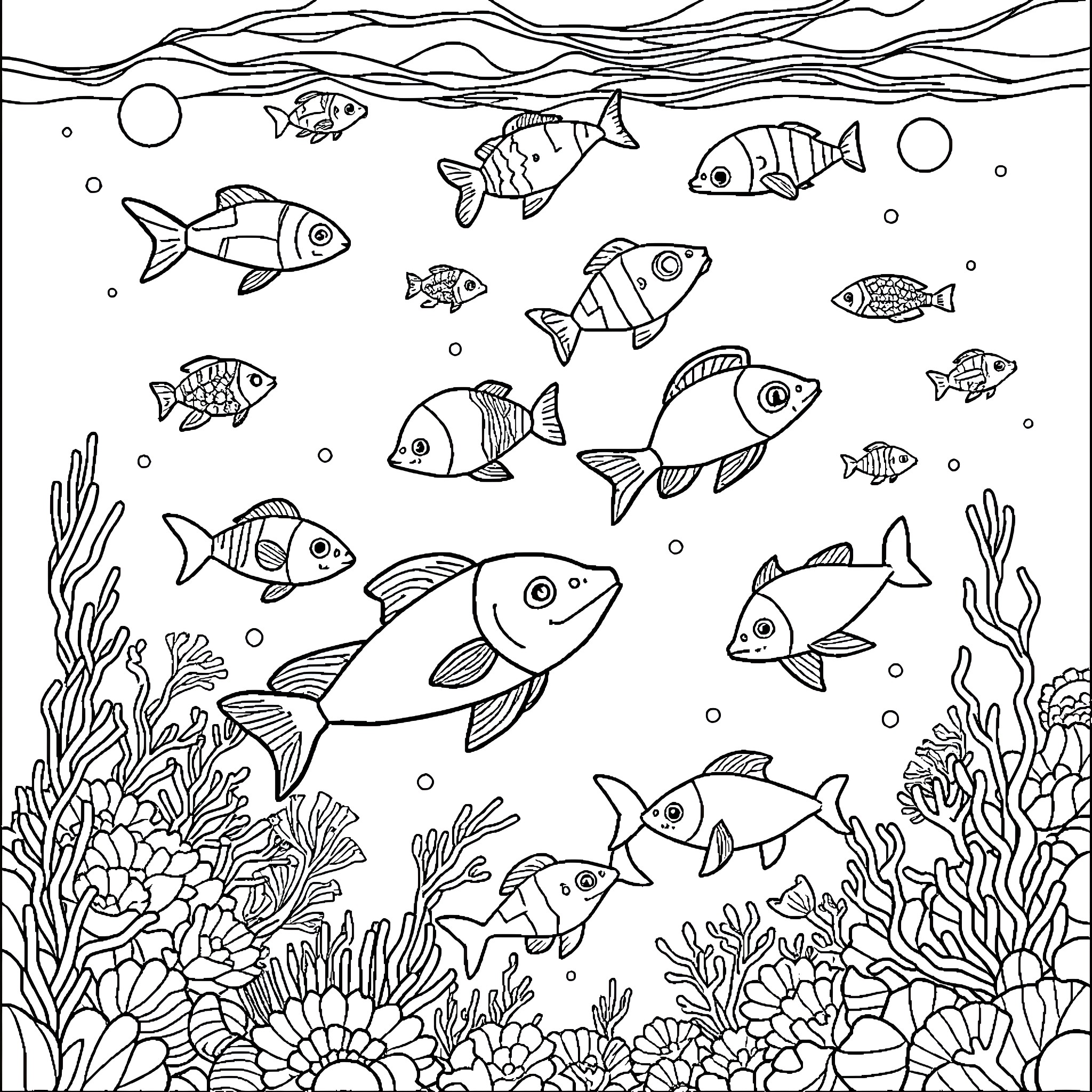 Ocean Animal Scene with Various Fish Coloring Page (free black-and-white line drawing printable PDF for all, from beginners to advanced learners, including children, teens, adults, and seniors)
