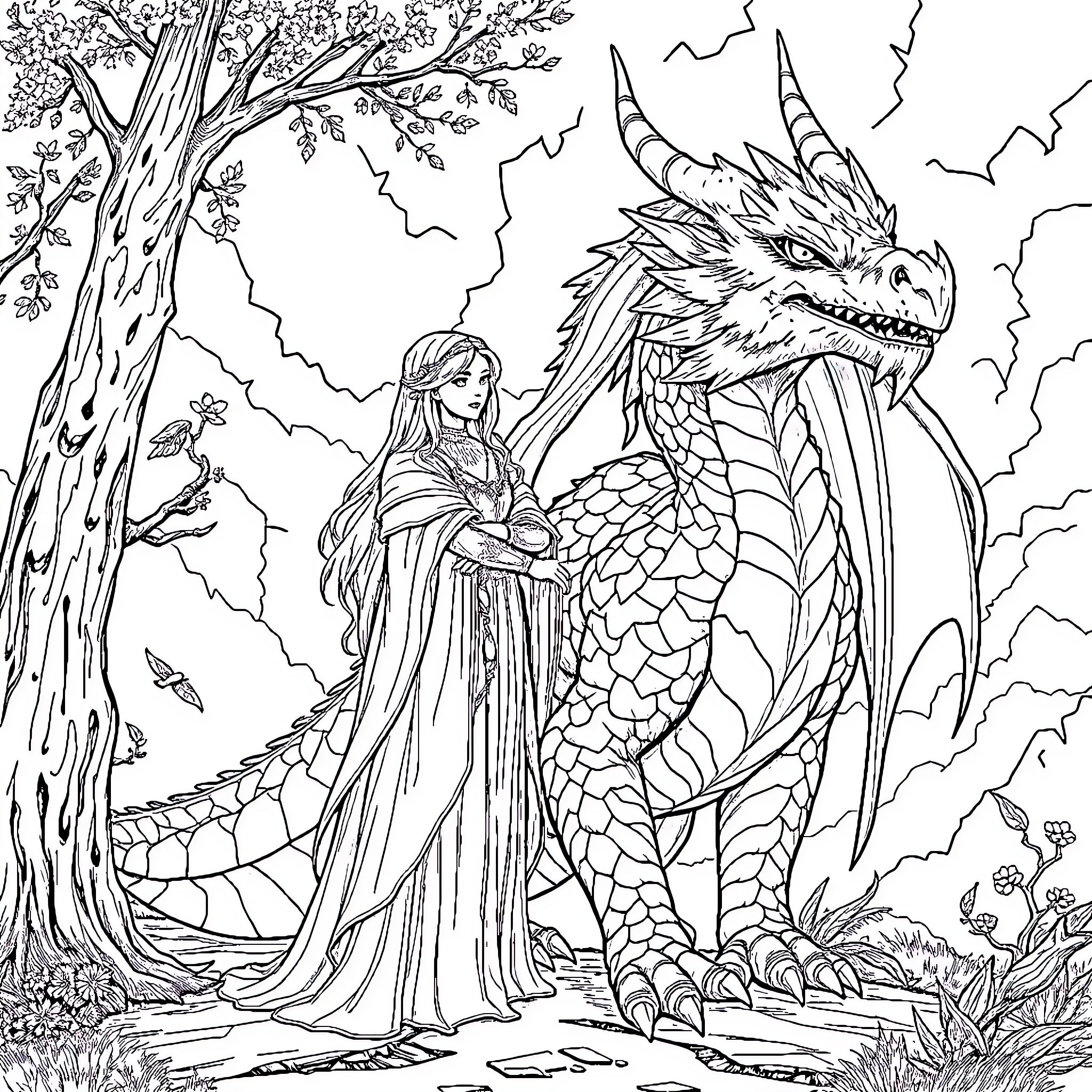 Violet's Ethereal Encounter with the Majestic Dragon Coloring Page (free black-and-white line drawing printable PDF for all, from beginners to advanced learners, including children, teens, adults, and seniors)