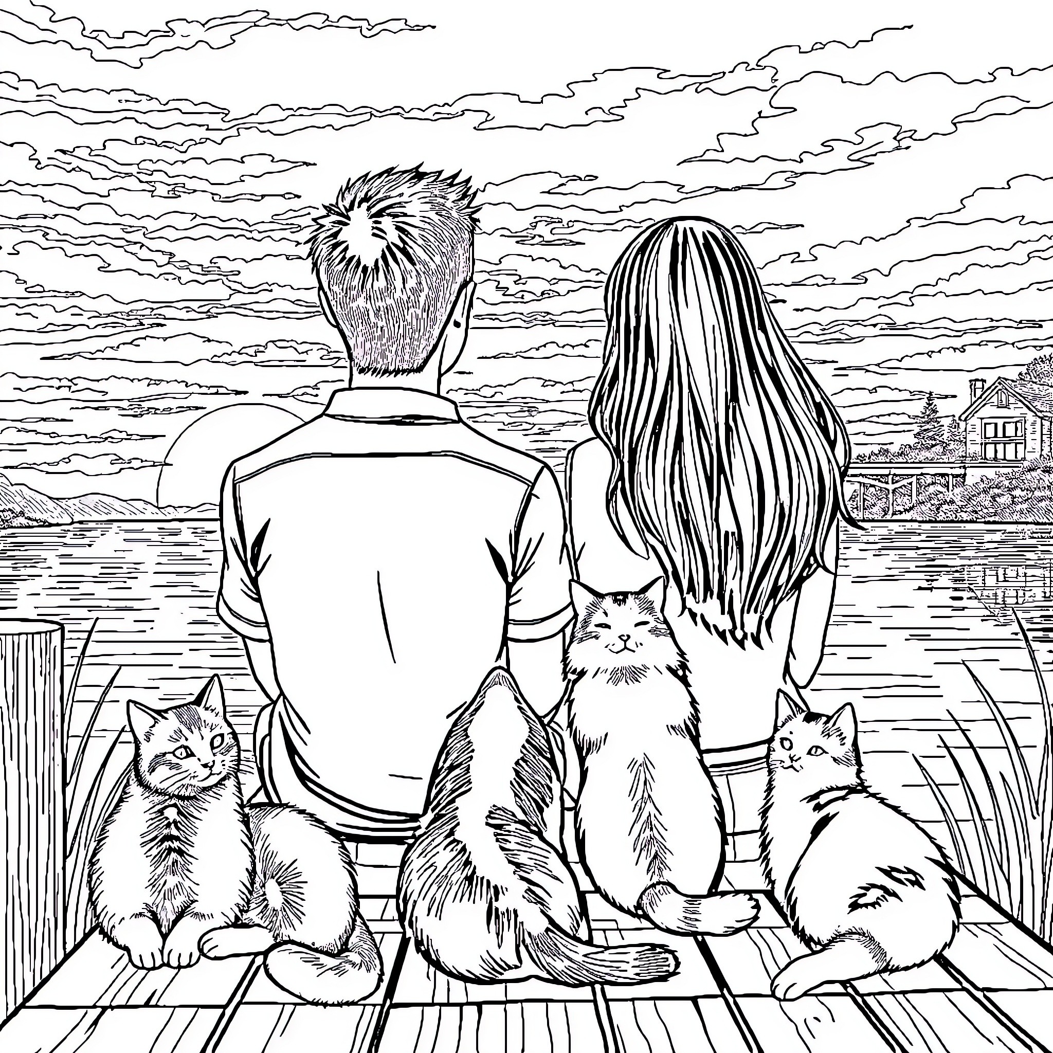 Cat couple enjoying the sunset with feline companions Coloring Page (free black-and-white line drawing printable PDF for all, from beginners to advanced learners, including children, teens, adults, and seniors)