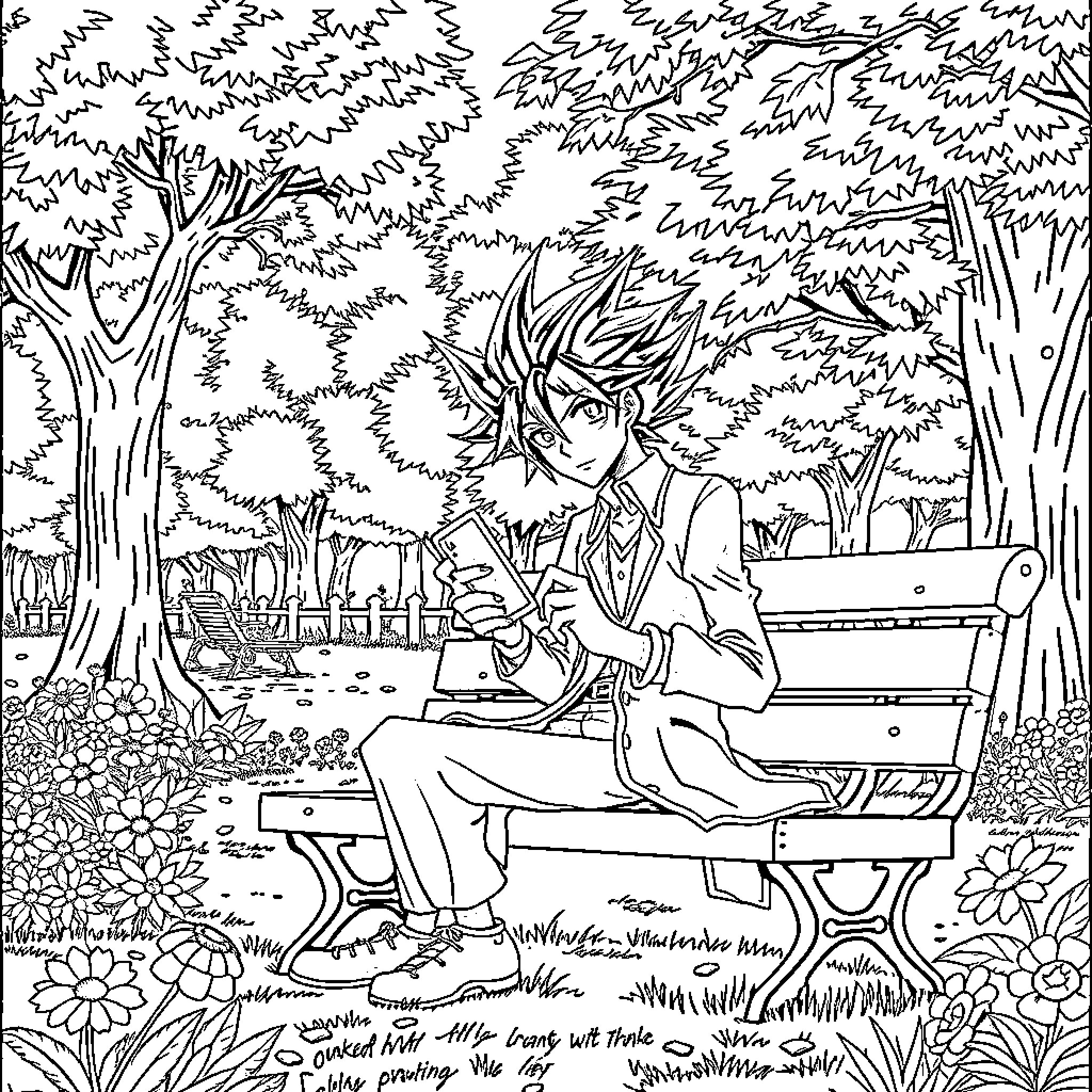 Yugio relaxing in a serene forest landscape Coloring Page (free black-and-white line drawing printable PDF for all, from beginners to advanced learners, including children, teens, adults, and seniors)