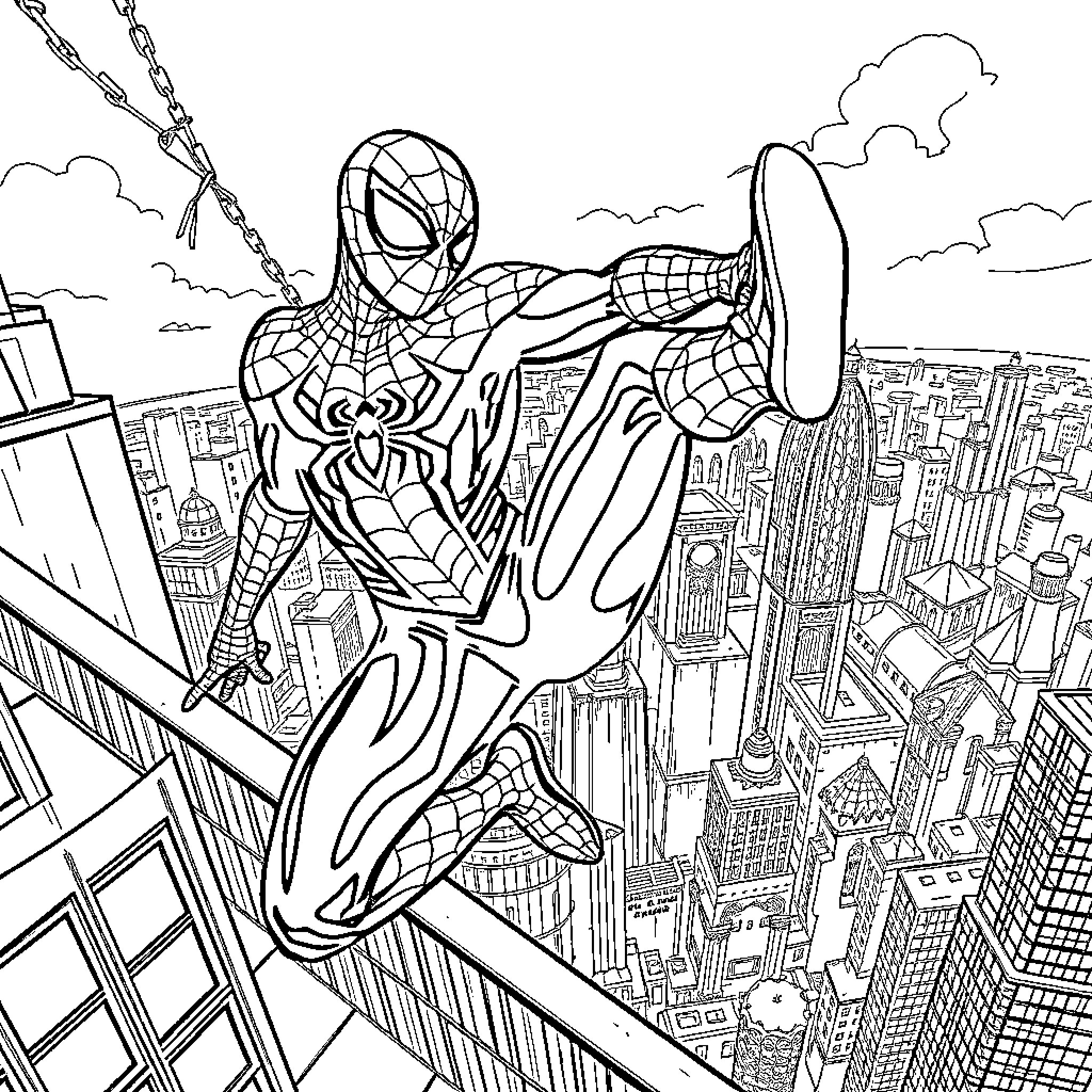 Spiderman swinging through the cityscape Coloring Page (free black-and-white line drawing printable PDF for all, from beginners to advanced learners, including children, teens, adults, and seniors)