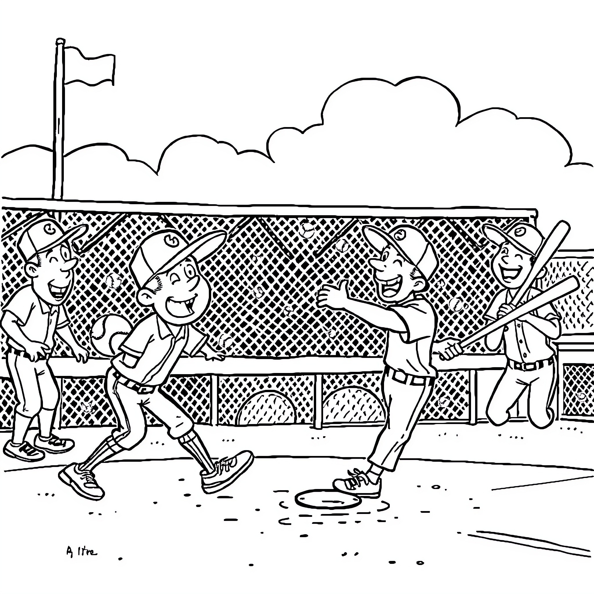 Baseball players in action on the field Coloring Page (free black-and-white line drawing printable PDF for all, from beginners to advanced learners, including children, teens, adults, and seniors)