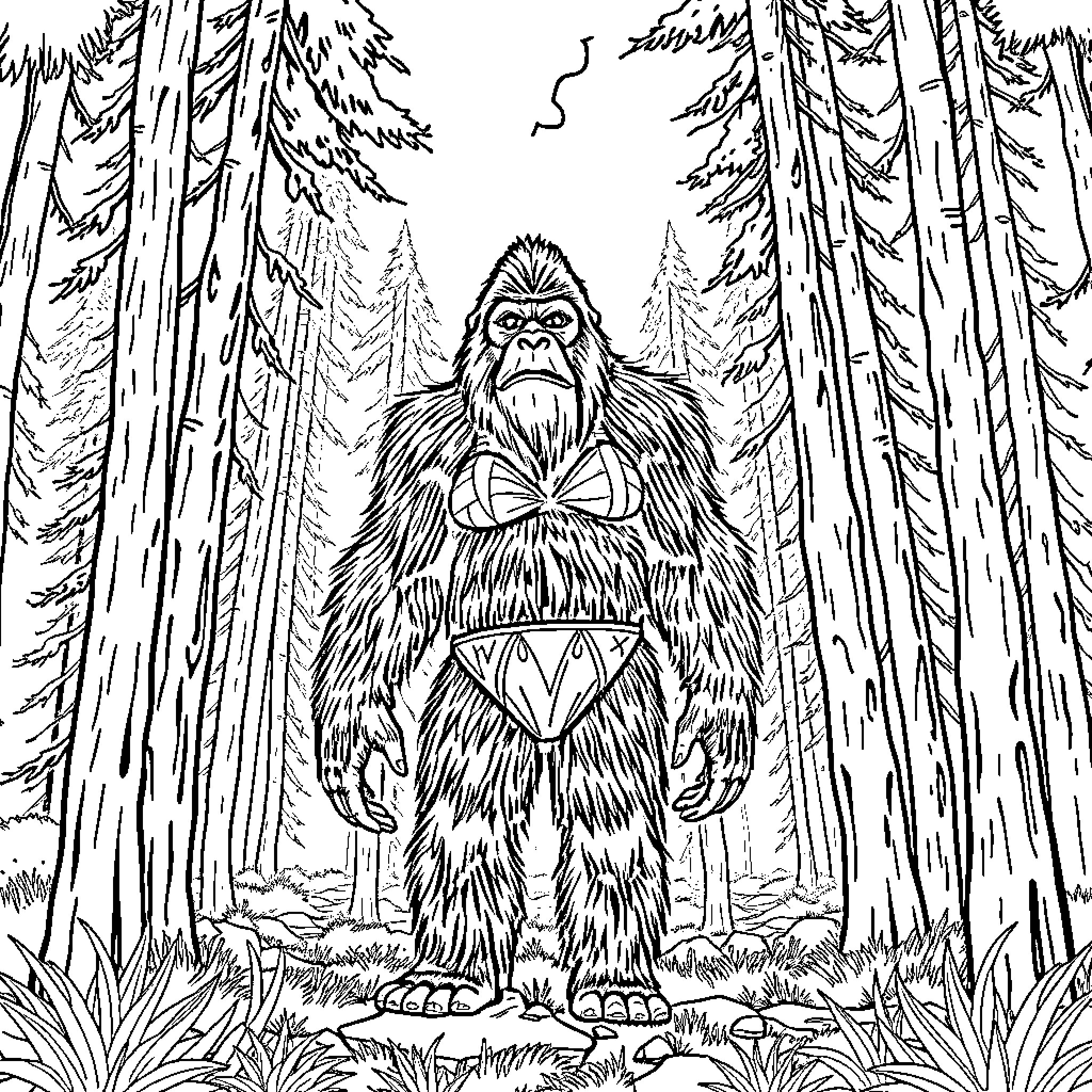 Bigfoot stalking through the dense forest Coloring Page (free black-and-white line drawing printable PDF for all, from beginners to advanced learners, including children, teens, adults, and seniors)