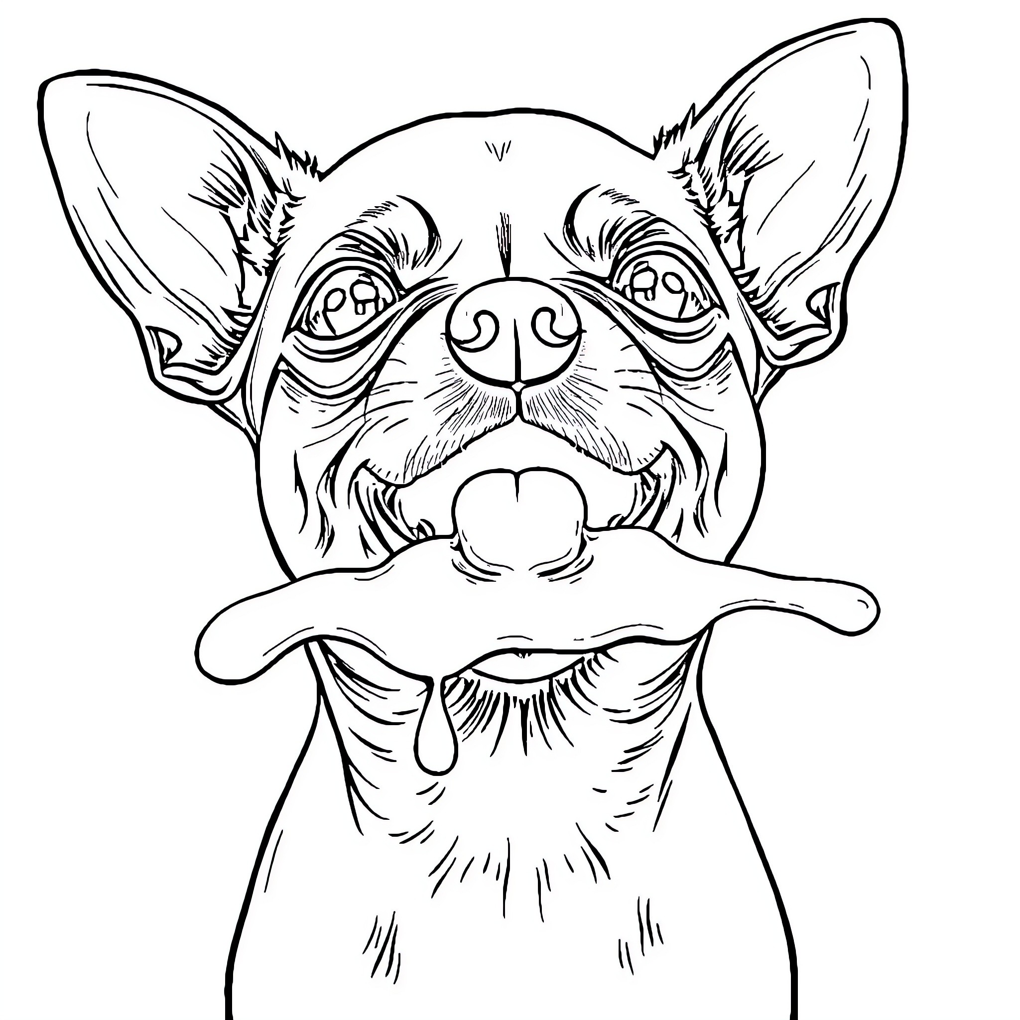 Chihuahua making a silly face with large ears Coloring Page (free black-and-white line drawing printable PDF for all, from beginners to advanced learners, including children, teens, adults, and seniors)