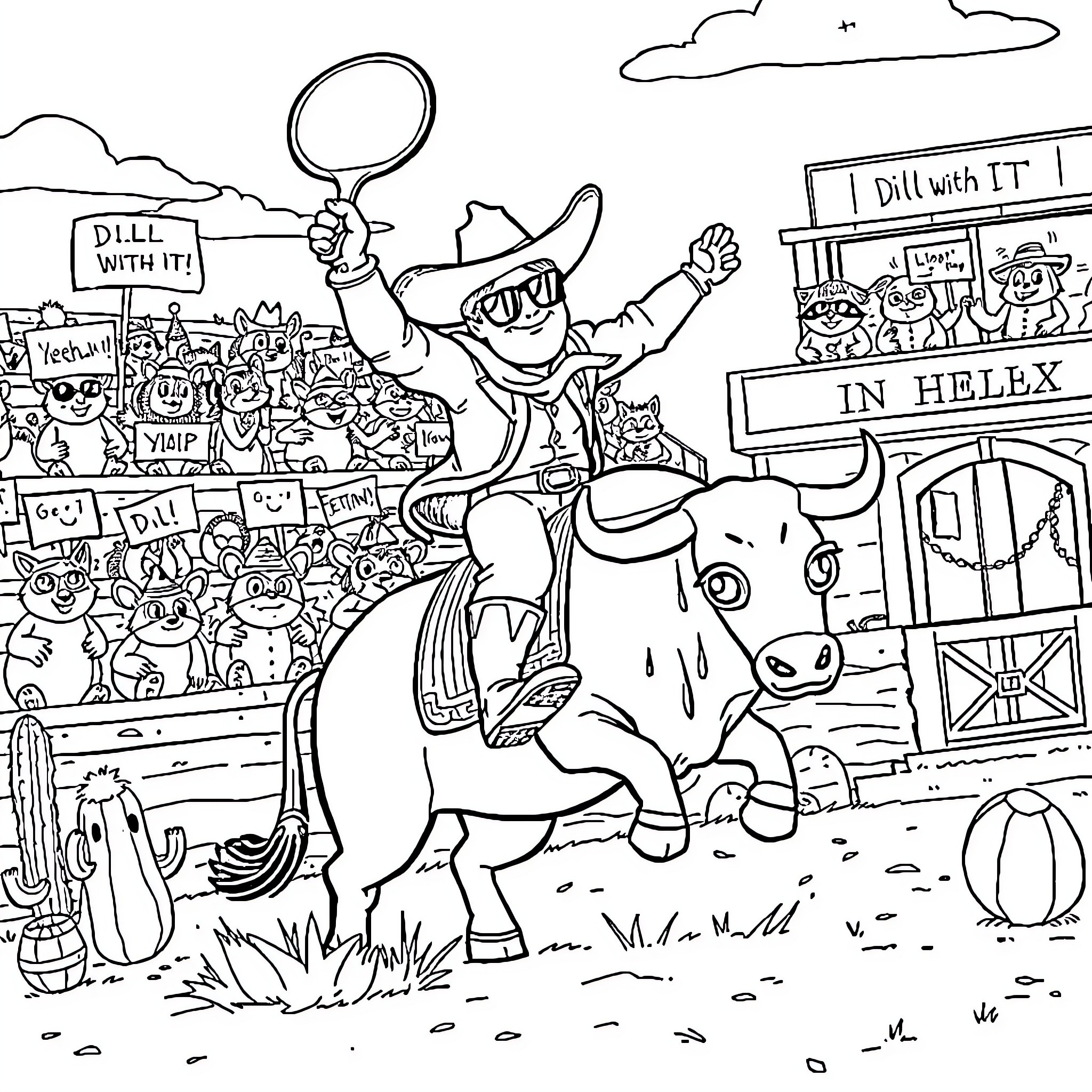 Cowboy riding a bull through a lively town Coloring Page (free black-and-white line drawing printable PDF for all, from beginners to advanced learners, including children, teens, adults, and seniors)