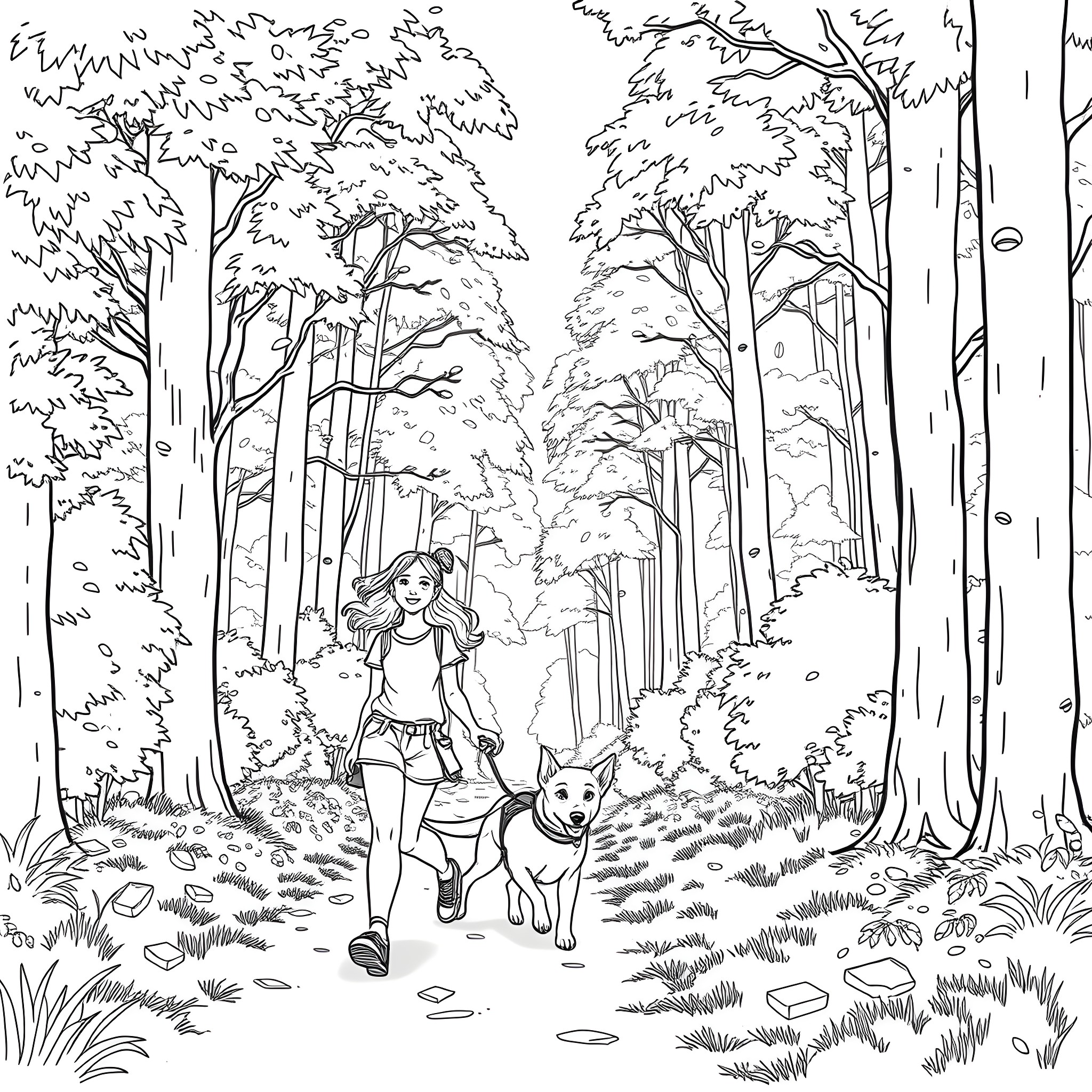 Teenage Girl Walking Dog in Enchanting Forest Coloring Page (free black-and-white line drawing printable PDF for all, from beginners to advanced learners, including children, teens, adults, and seniors)