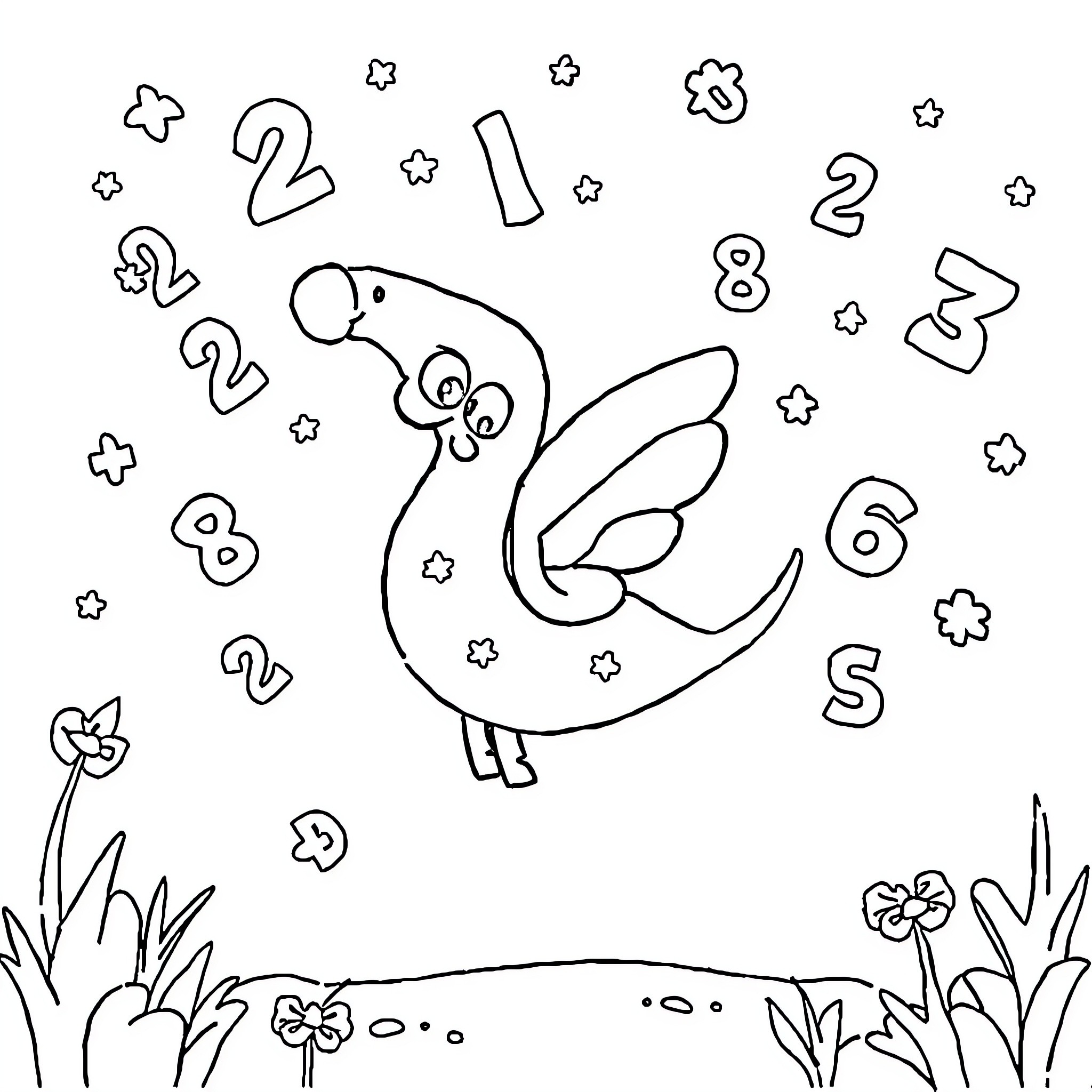 Magic Playful Bird Surrounded by Whimsical Numbers Coloring Page (free black-and-white line drawing printable PDF for all, from beginners to advanced learners, including children, teens, adults, and seniors)