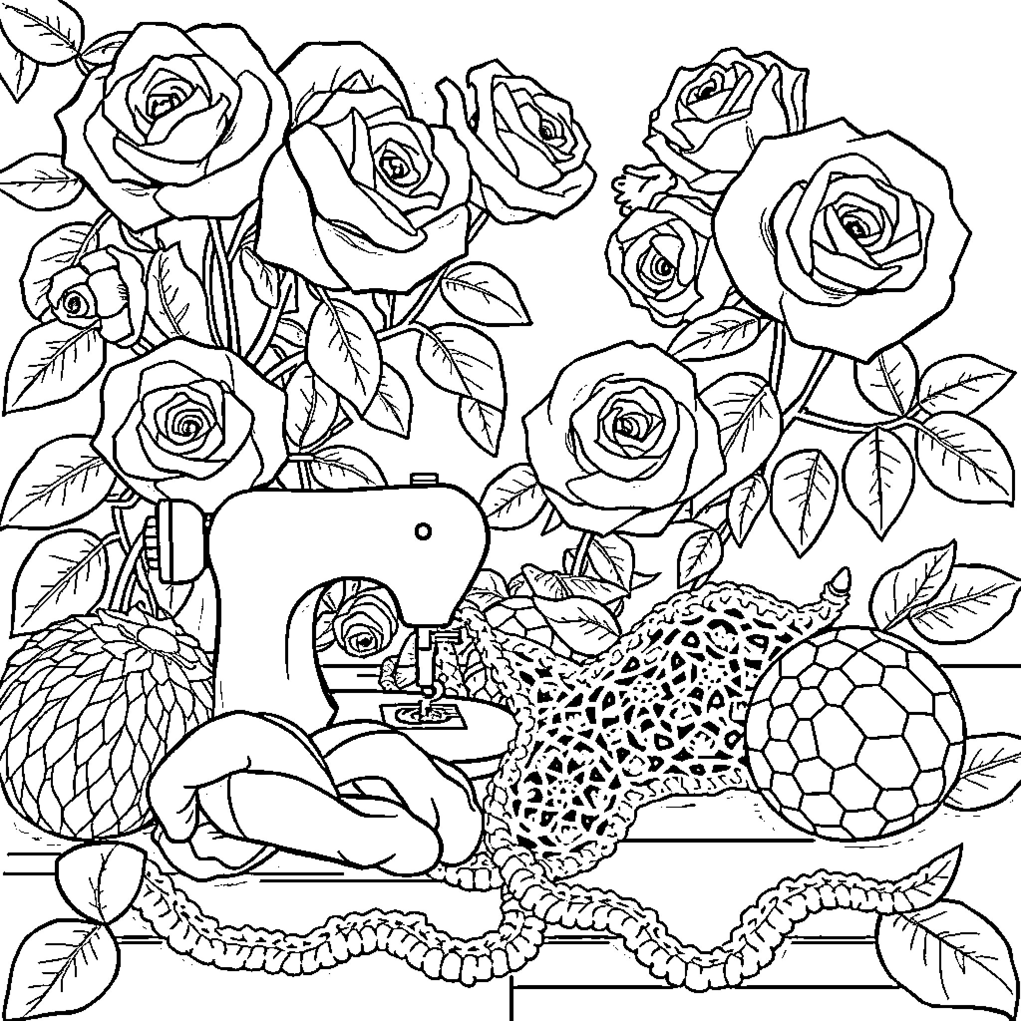 Rose Garden with Sewing Machine and Snake Coloring Page (free black-and-white line drawing printable PDF for all, from beginners to advanced learners, including children, teens, adults, and seniors)