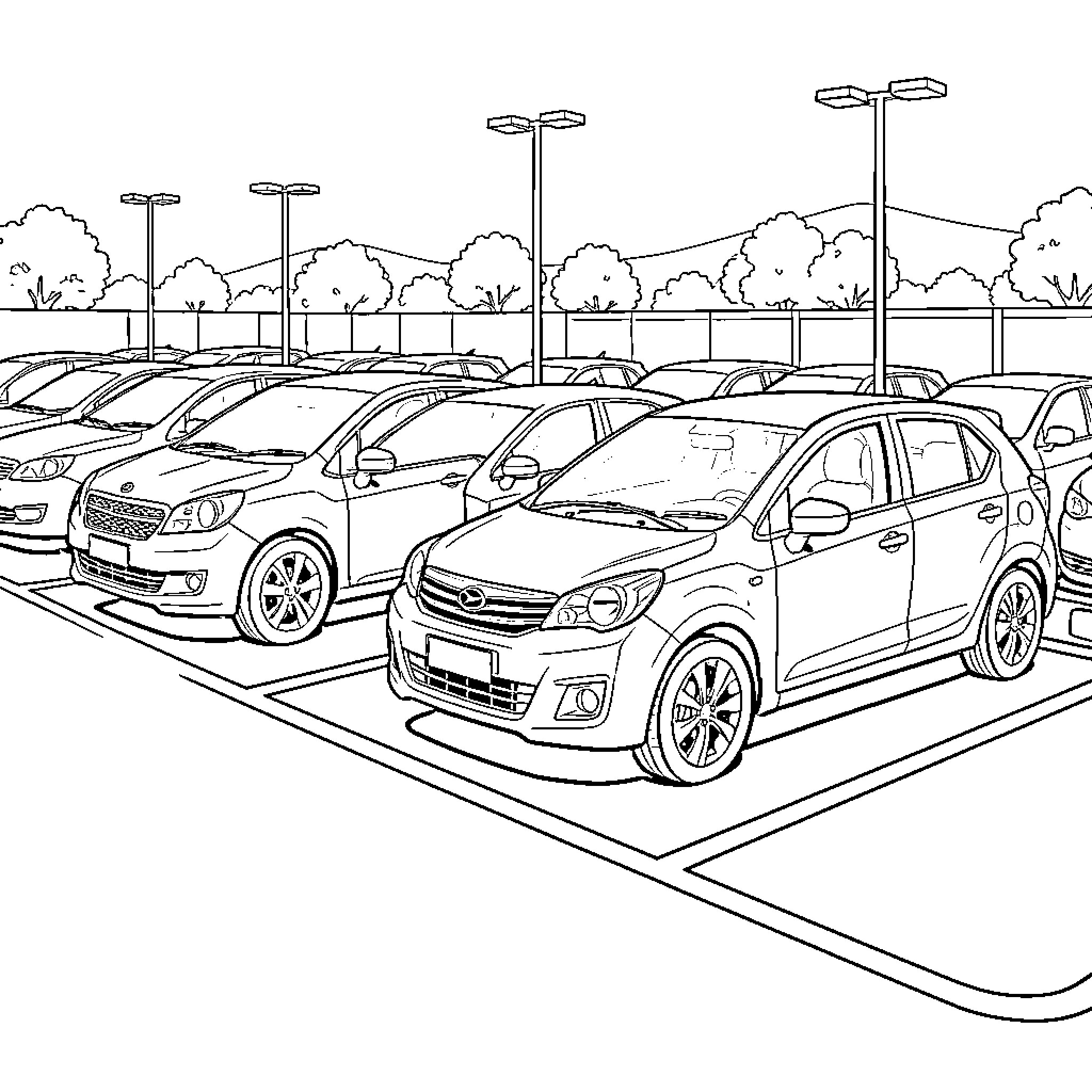 Cars parked in a parking lot Coloring Page (free black-and-white line drawing printable PDF for all, from beginners to advanced learners, including children, teens, adults, and seniors)