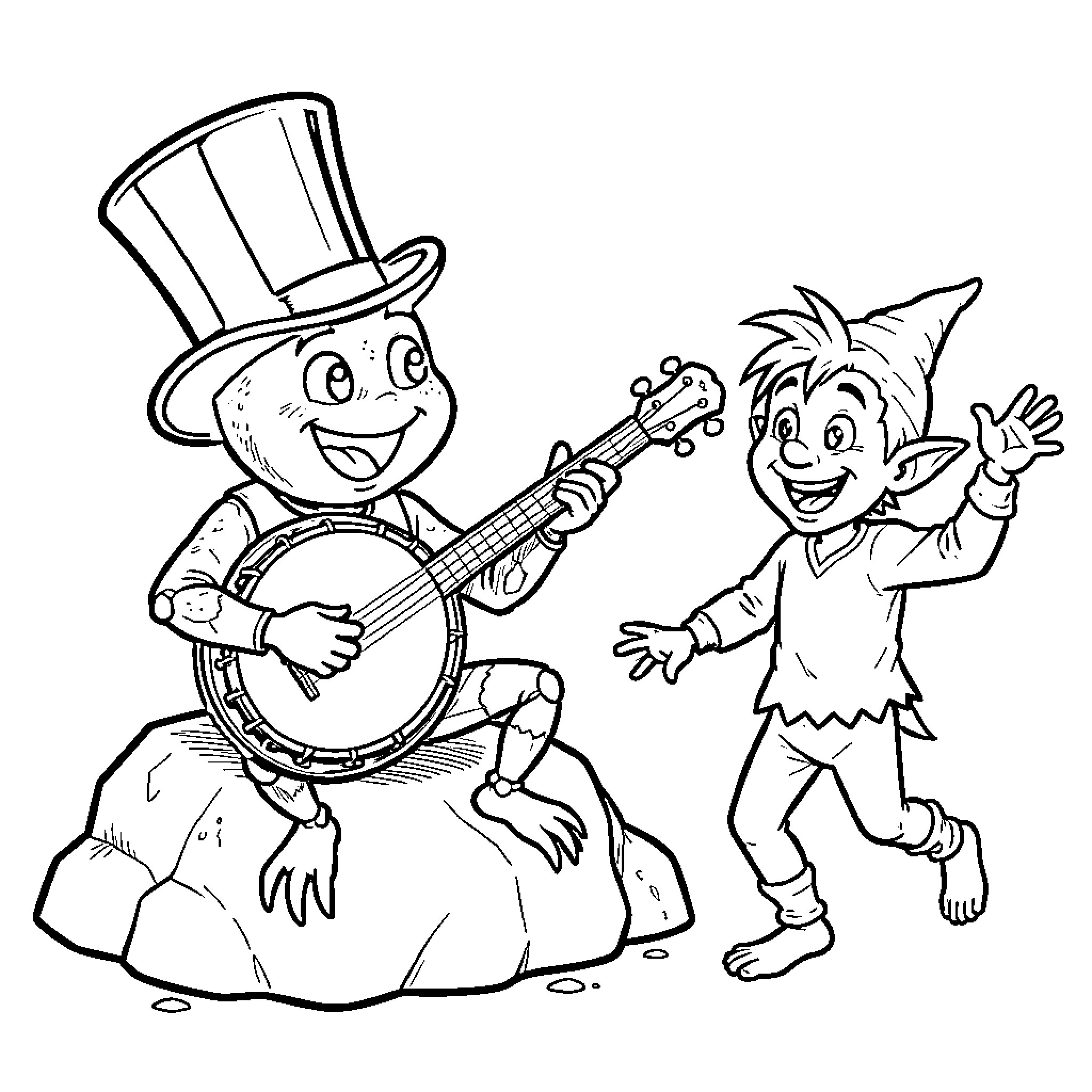 Crab musicians playing musical instruments happily Coloring Page (free black-and-white line drawing printable PDF for all, from beginners to advanced learners, including children, teens, adults, and seniors)