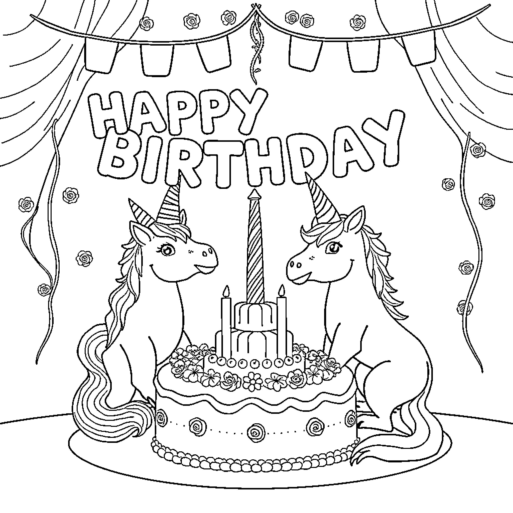 Unicorn Birthday Celebration with Cake and Decorations Coloring Page (free black-and-white line drawing printable PDF for all, from beginners to advanced learners, including children, teens, adults, and seniors)