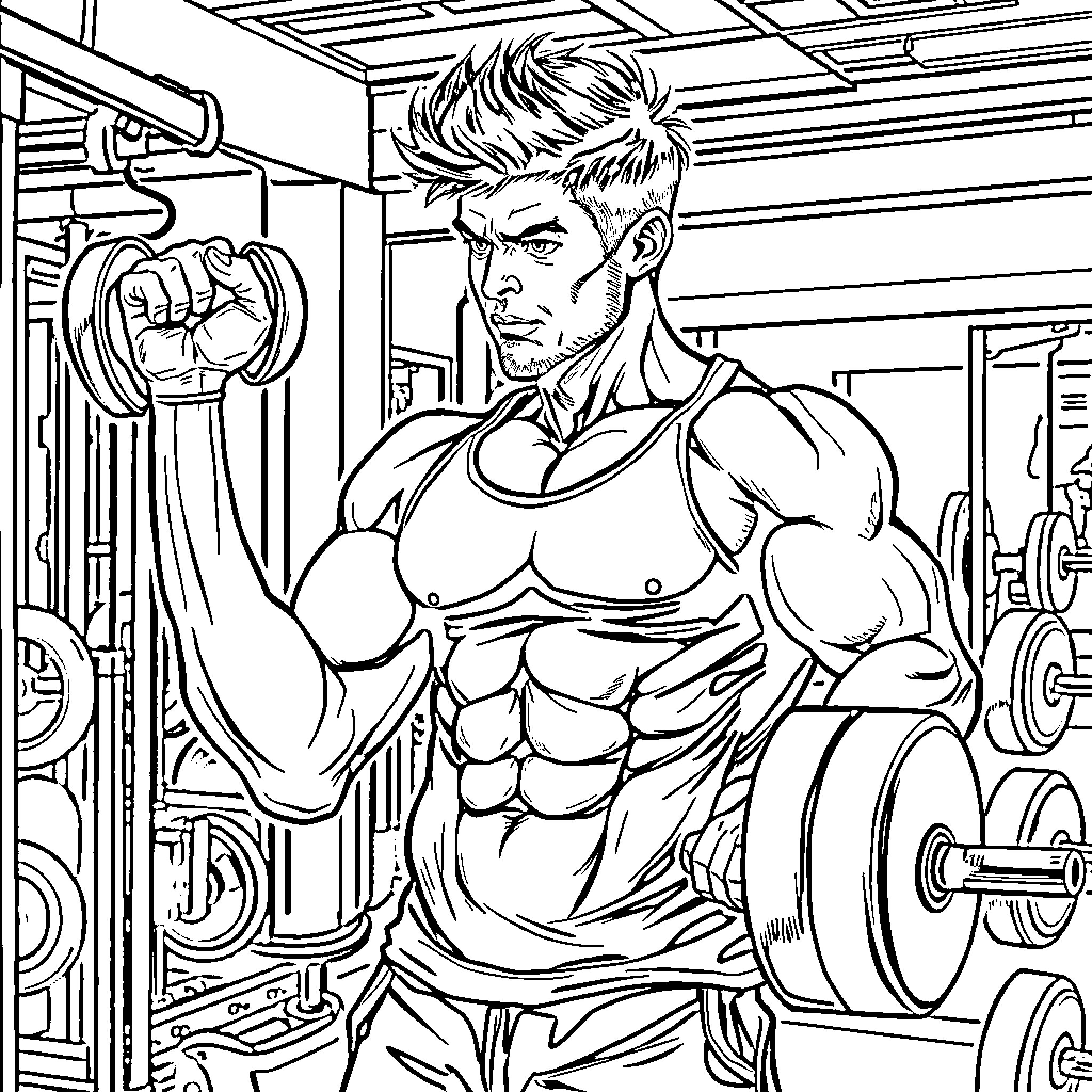 Ross Lynch working out intensely in the gym Coloring Page (free black-and-white line drawing printable PDF for all, from beginners to advanced learners, including children, teens, adults, and seniors)