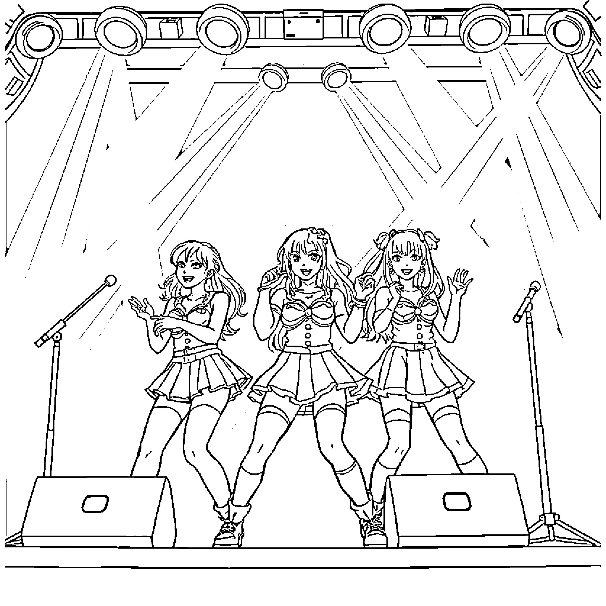Girl Group Performing on Stage with Microphones Coloring Page (free black-and-white line drawing printable PDF for all, from beginners to advanced learners, including children, teens, adults, and seniors)