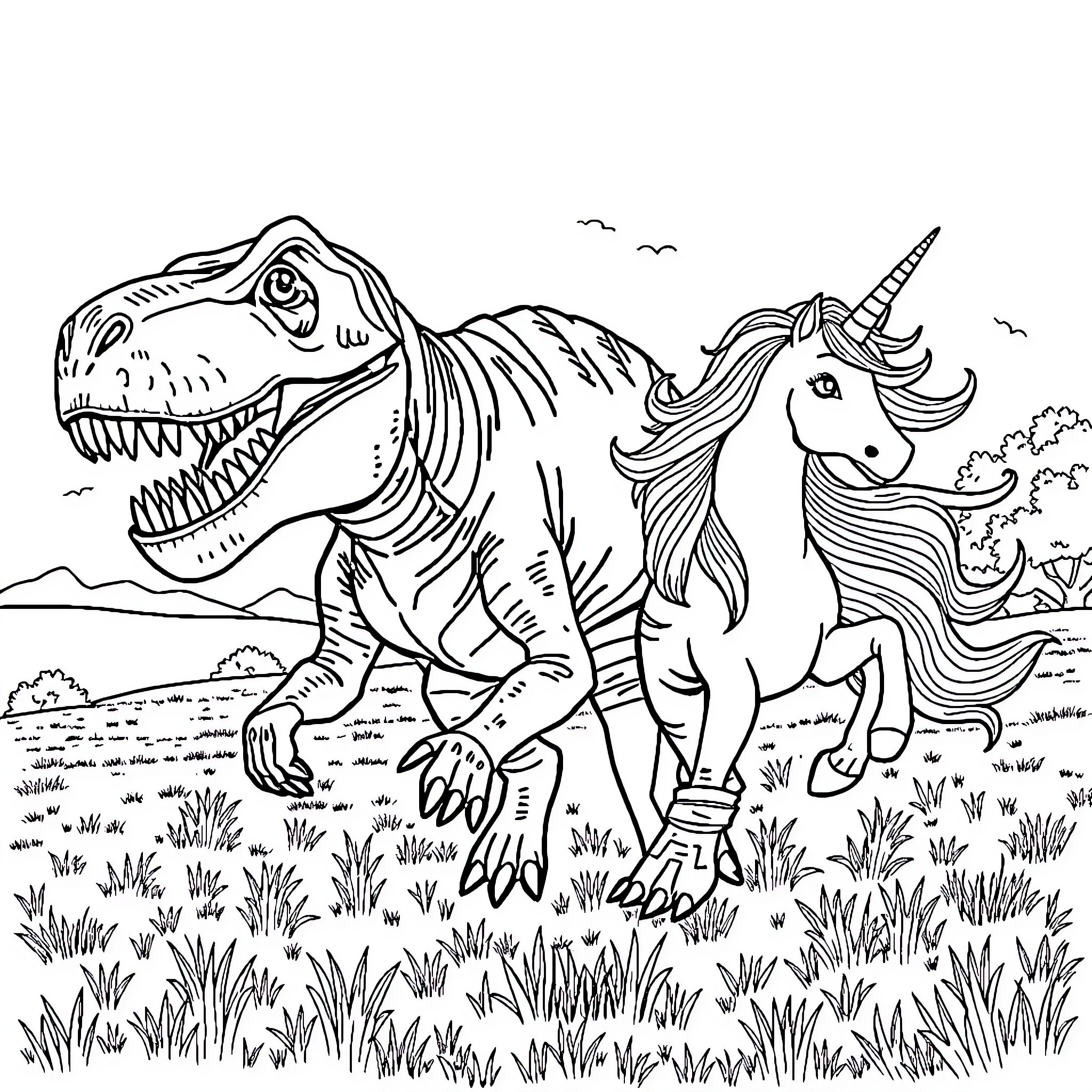 T-Rex and Unicorn in Imaginary Landscape Coloring Page (free black-and-white line drawing printable PDF for all, from beginners to advanced learners, including children, teens, adults, and seniors)