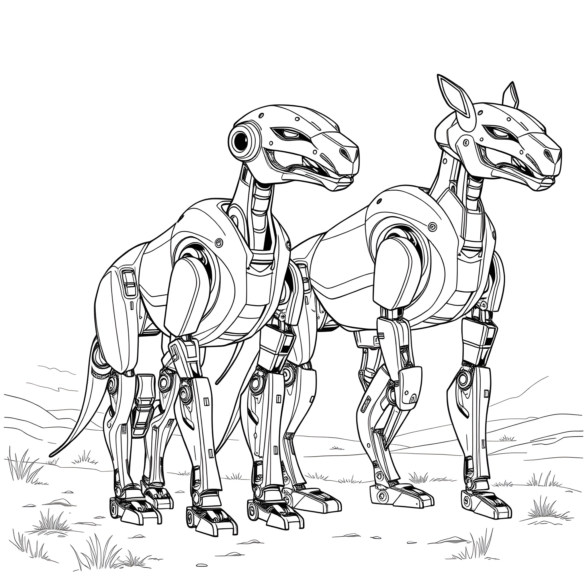 Robot camels in a desert landscape Coloring Page (free black-and-white line drawing printable PDF for all, from beginners to advanced learners, including children, teens, adults, and seniors)