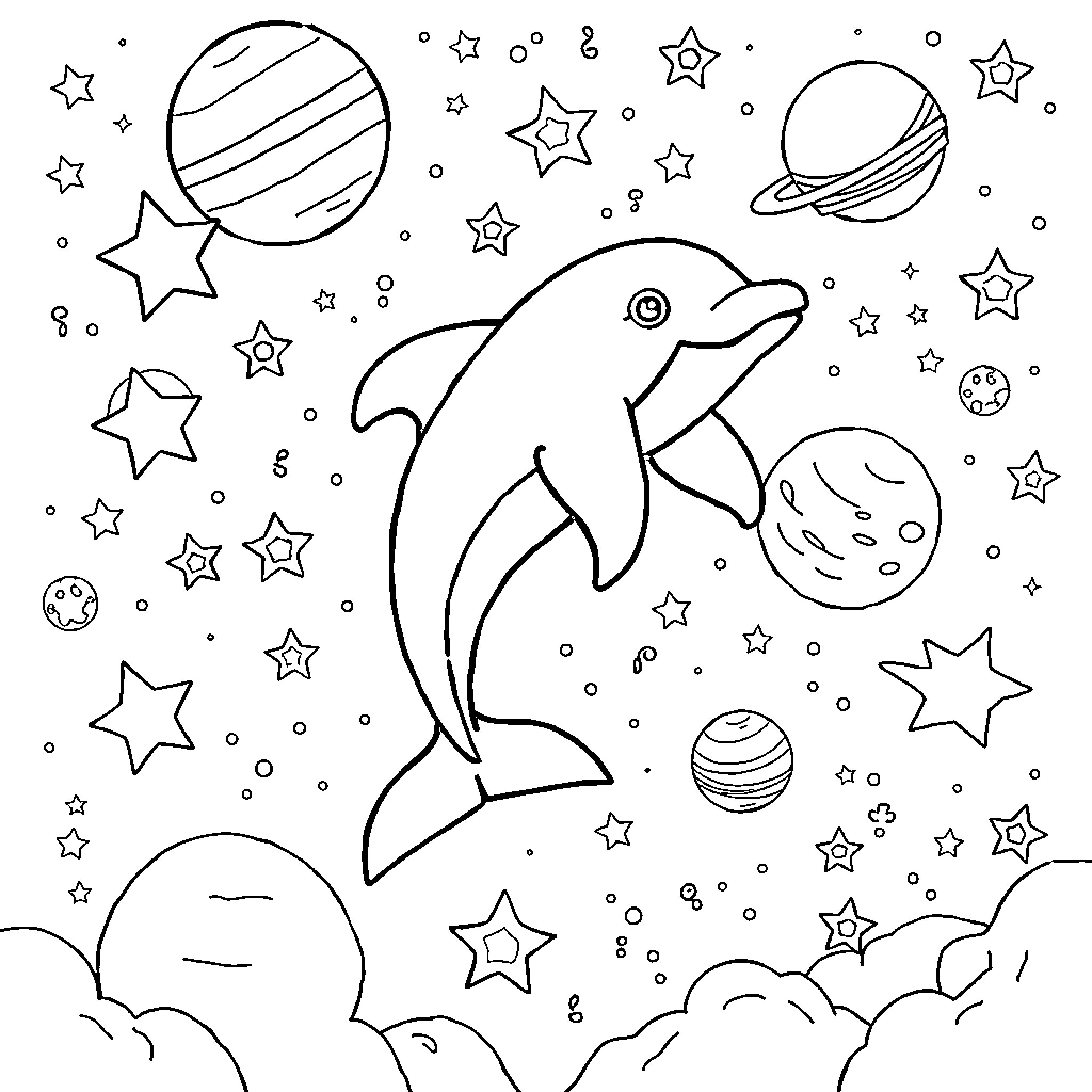 Dolphin swimming among celestial bodies and stars Coloring Page (free black-and-white line drawing printable PDF for all, from beginners to advanced learners, including children, teens, adults, and seniors)