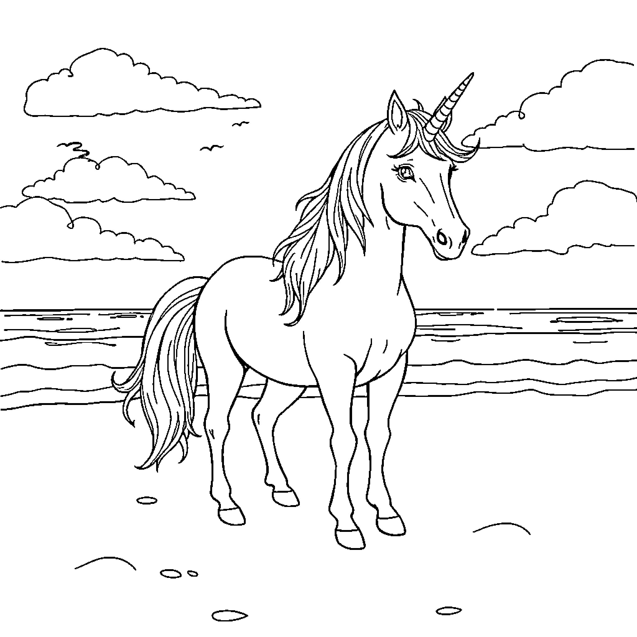 Unicorn standing majestically by the shoreline Coloring Page (free black-and-white line drawing printable PDF for all, from beginners to advanced learners, including children, teens, adults, and seniors)