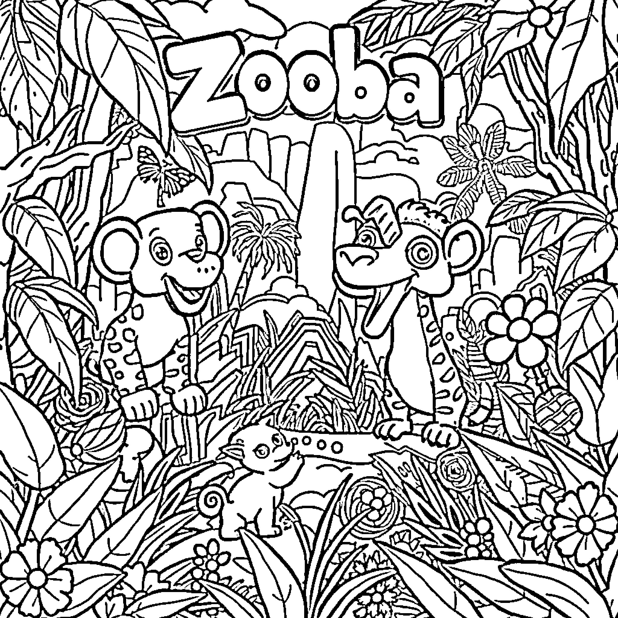 Zooba Playful Animals in the Jungle Coloring Page (free black-and-white line drawing printable PDF for all, from beginners to advanced learners, including children, teens, adults, and seniors)
