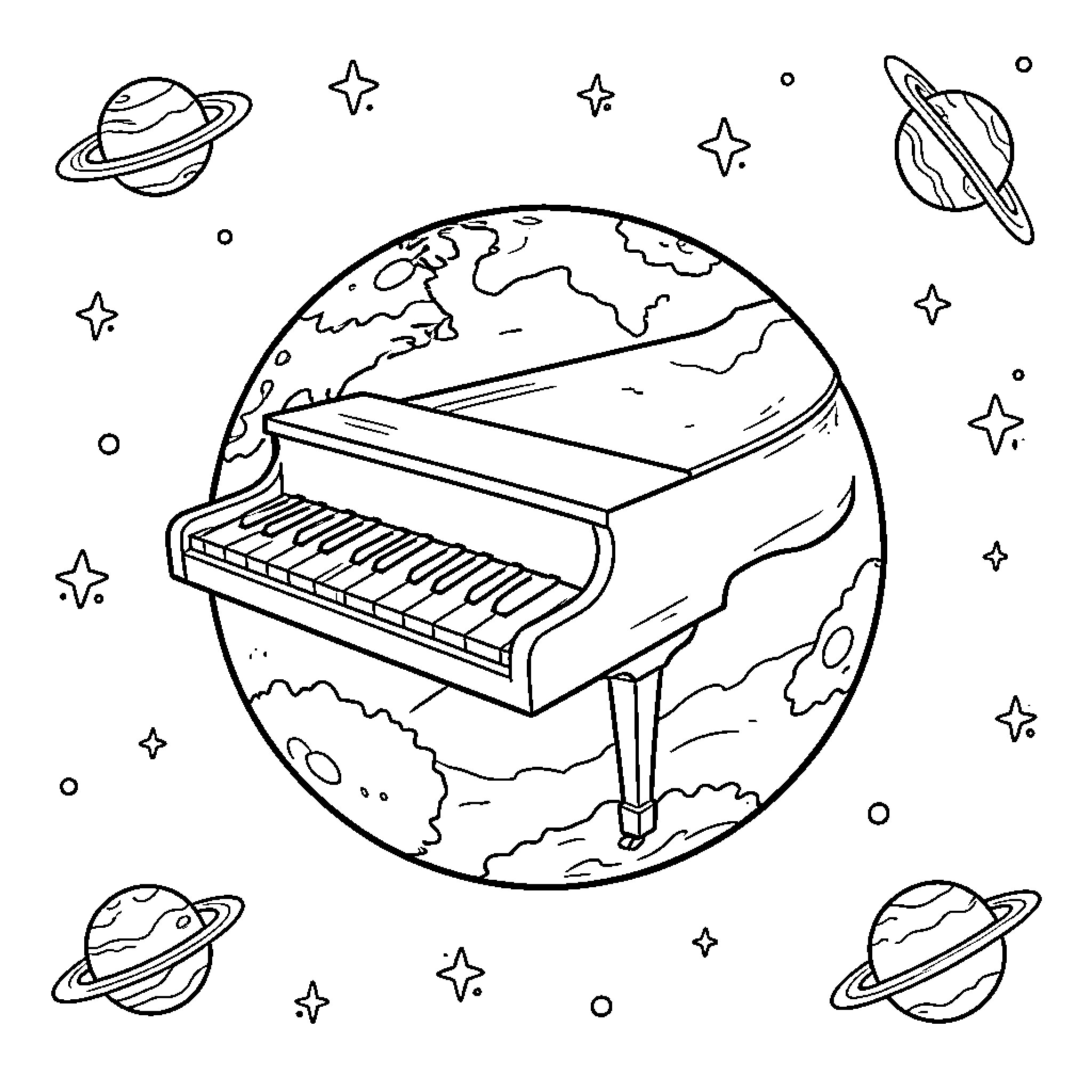 Piano playing in the cosmic universe Coloring Page (free black-and-white line drawing printable PDF for all, from beginners to advanced learners, including children, teens, adults, and seniors)